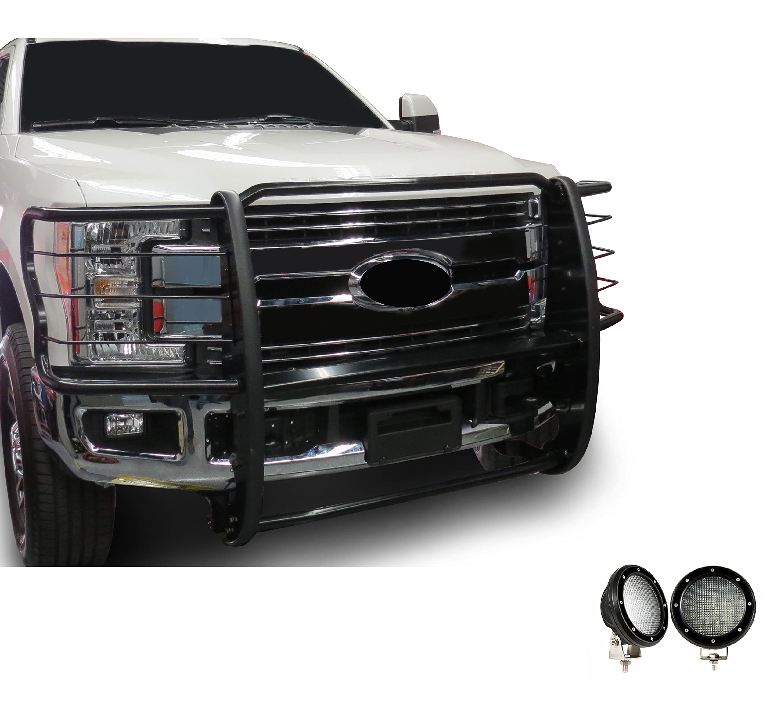Bumper Guard Modular Black Black Horse Grille brush Come with Pair of 5.3"LED Light with Black Trim Rings Compatible with 2017-2023 Ford F-250/Ford F-350/Ford F-450/Ford F-550 Super Duty-17FB28MA-PLFB