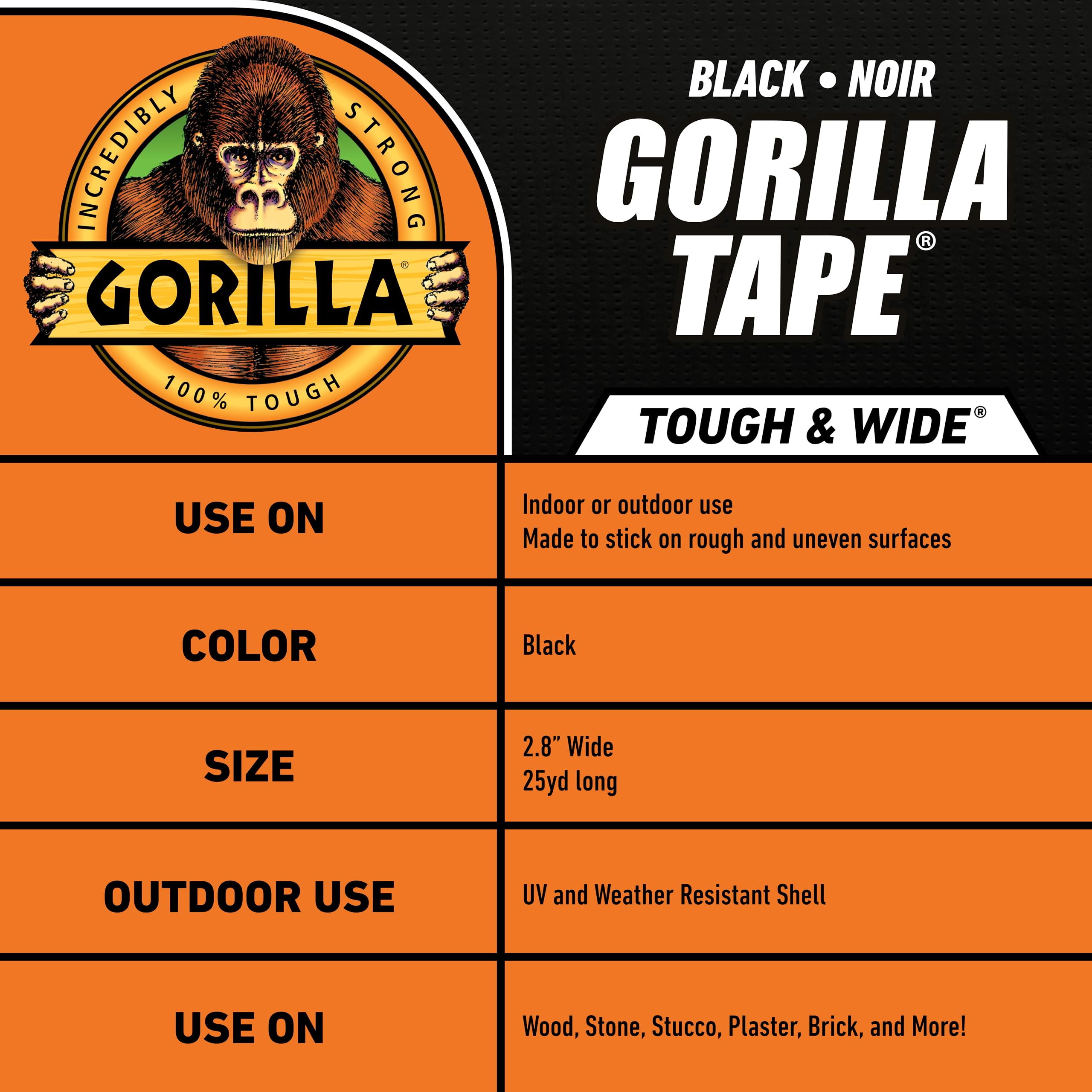 Gorilla Tape Black Tough & Wide, 2.88" x 25 yd (Pack of 1) - Heavy Duty and Weather Resistant for Indoor or Outdoor