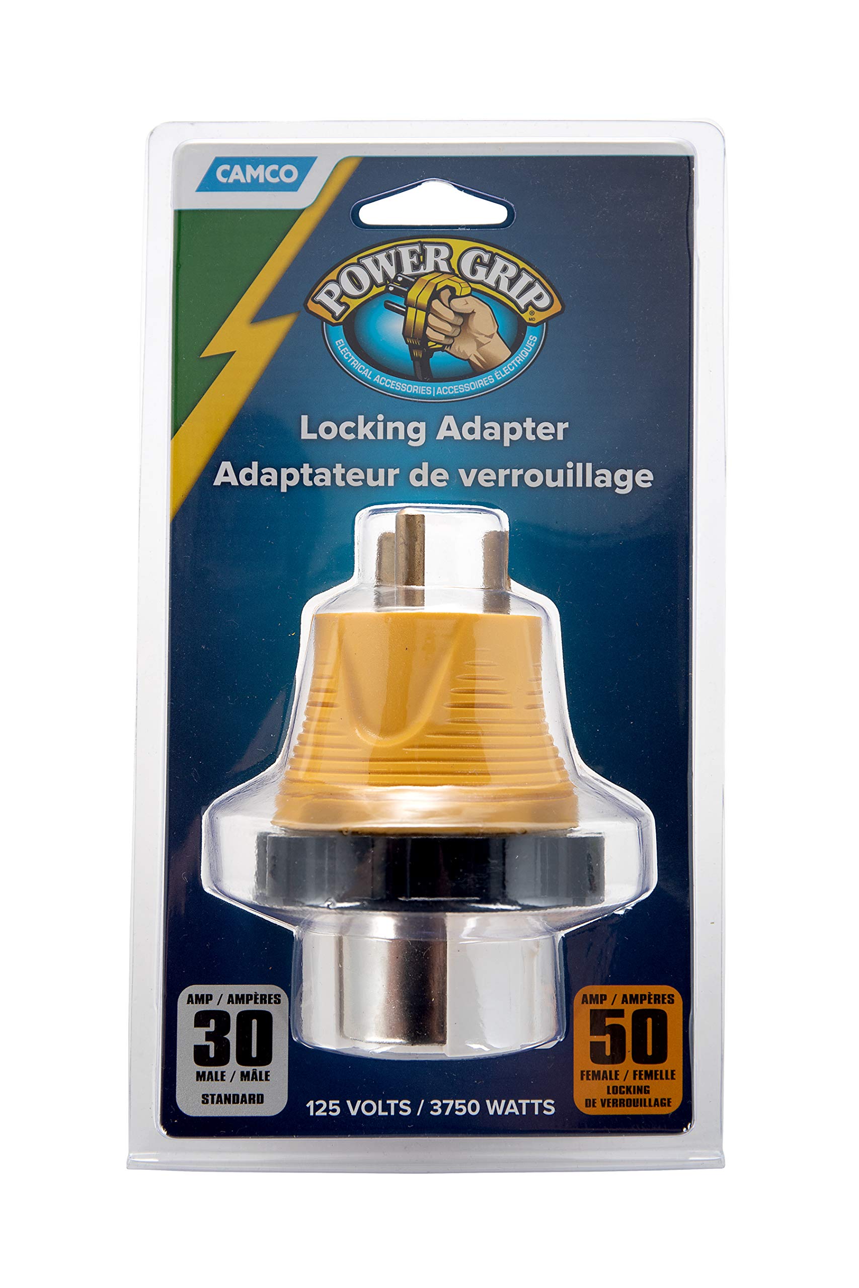 Camco 30A-50A Power Grip RV Locking Adapter | Compatible with 50-Amp Locking Plugs | Weatherproof Connection | 125 Volt / 3750 Watt (55643)