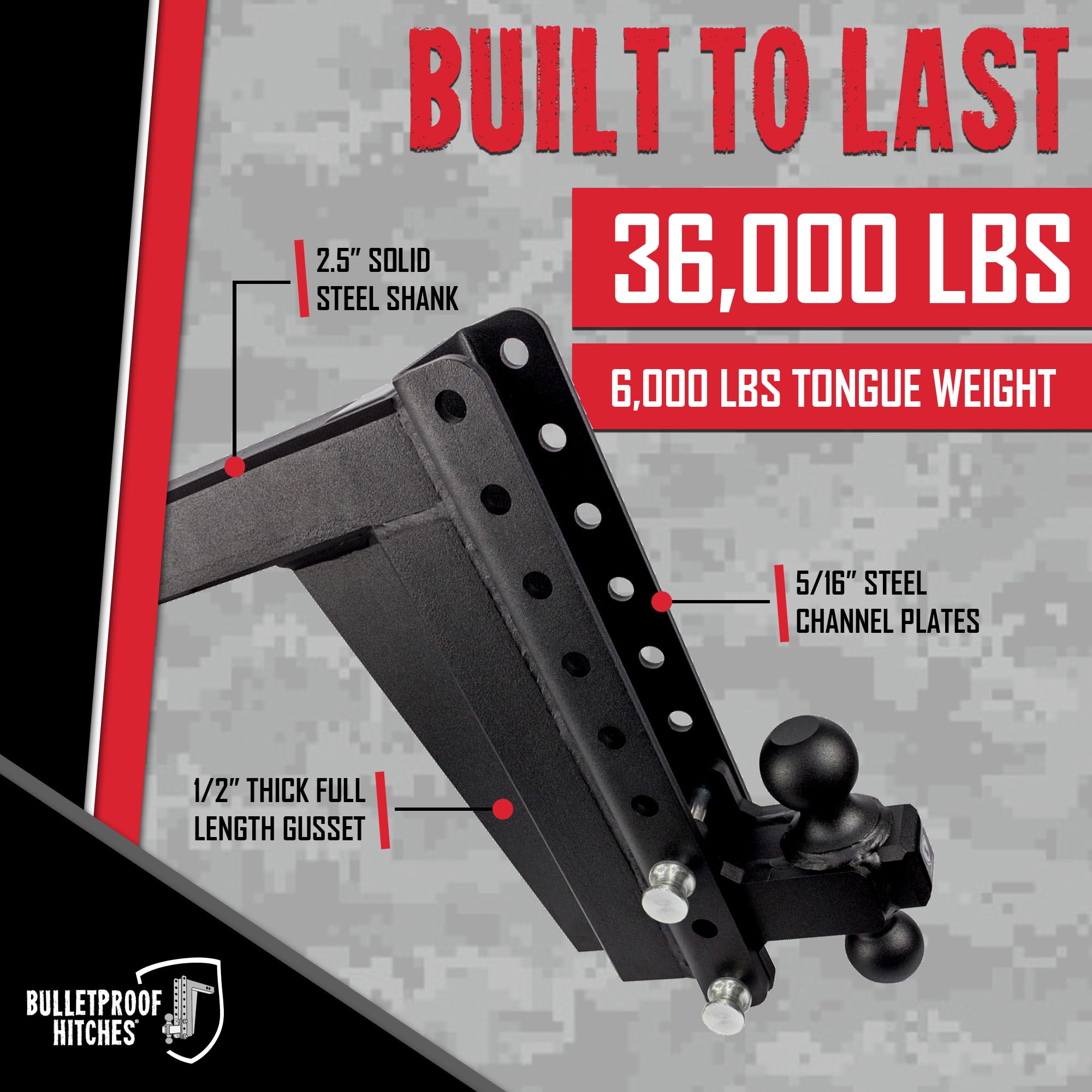 2.5" BulletProof Hitches Adjustable Extreme Duty Trailer Hitch (36,000 lb. Rating) - 12" Drop/Rise with 2" and 2 5/16" Dual Ball - Powder Coat, Solid Steel, Corrosion-Resistant