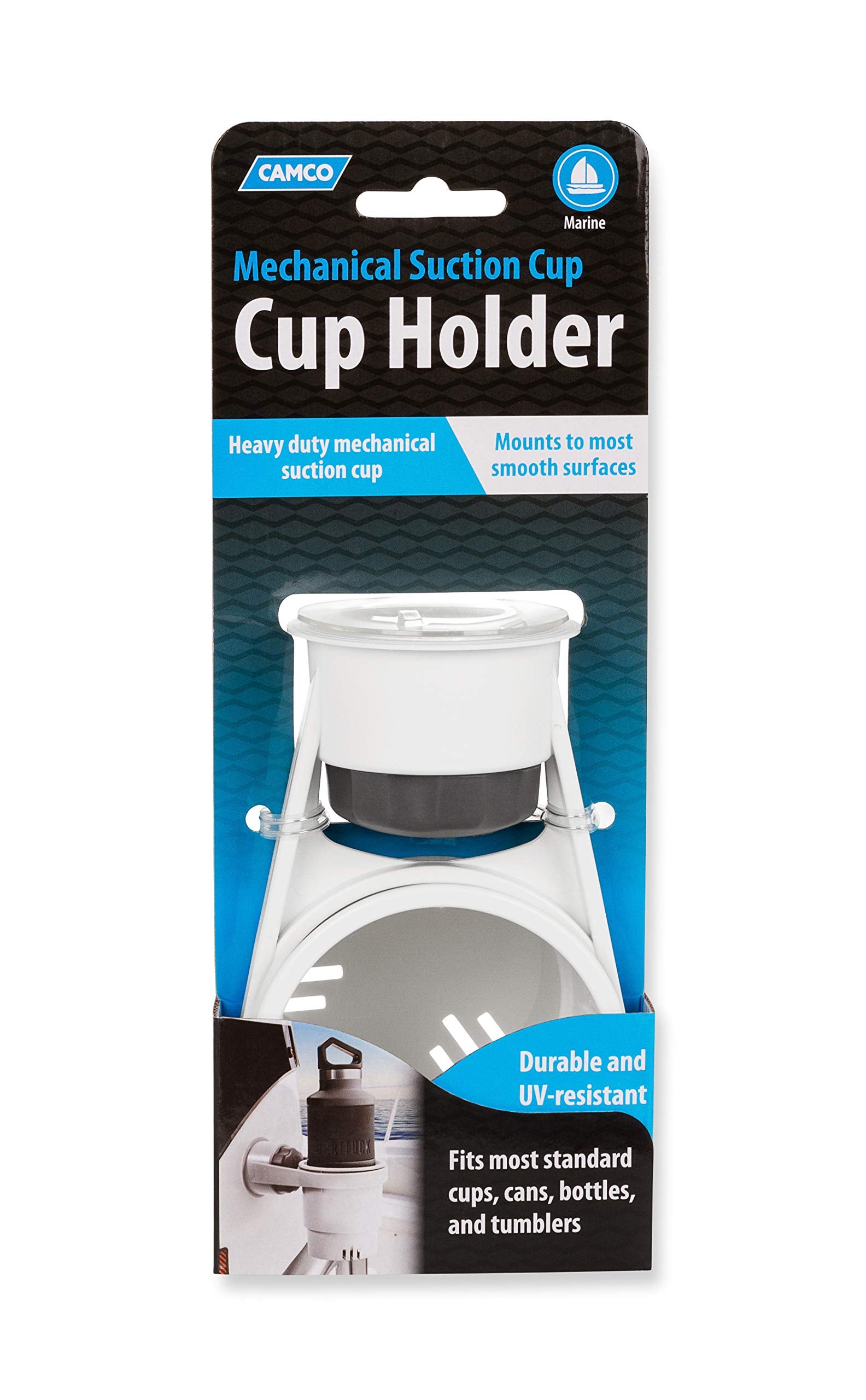 Cup Holder Camco with Mechanical Suction Cup - Provides a Secure Location for Your Beverage - Compatible with Most Cups, Cans, Bottles and Tumblers - White (53084)