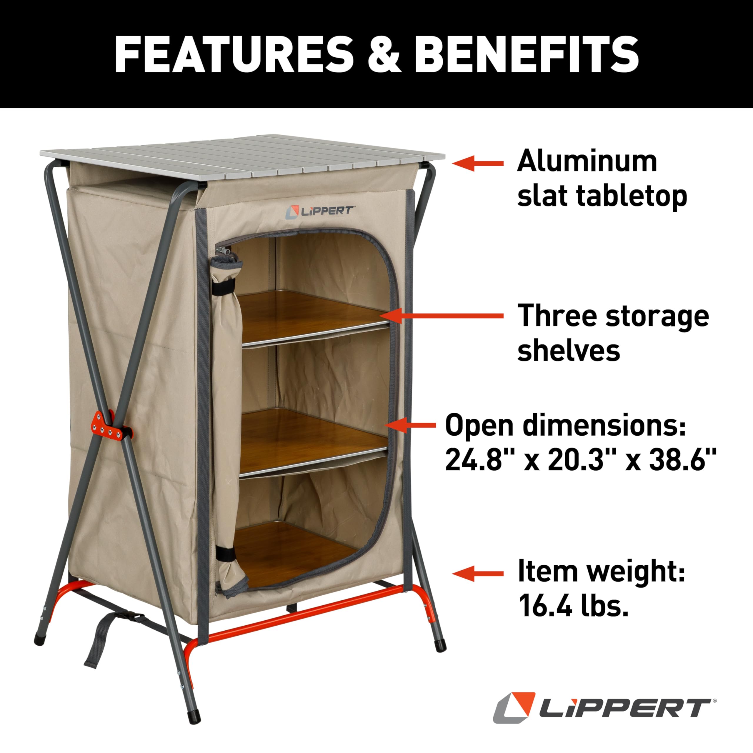 Outdoor Lippert Sand Folding Camping Pantry with Three Storage Shelves, 600D Polyester Fabric, Powder-Coated Steel Frame, Aluminum Slat Top, Collapsible Design - 2023053723