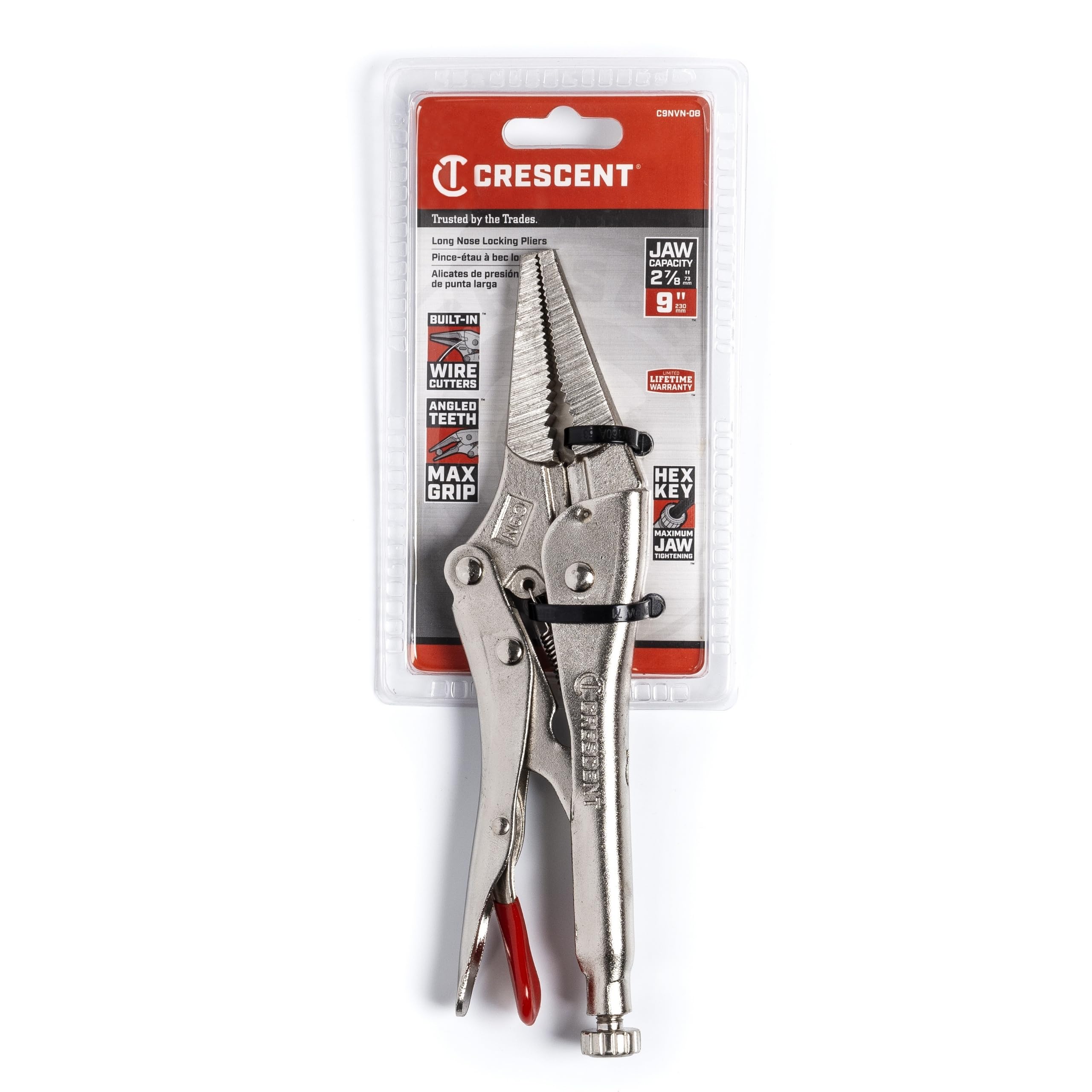 Crescent Locking Pliers Long-Nose with Wire Cutter - Premium Cutting Pliers with Angled Tooth Pattern & Compound Action - Nickel-Plated for Corrosion Resistance - C9NVN-08-9", Red