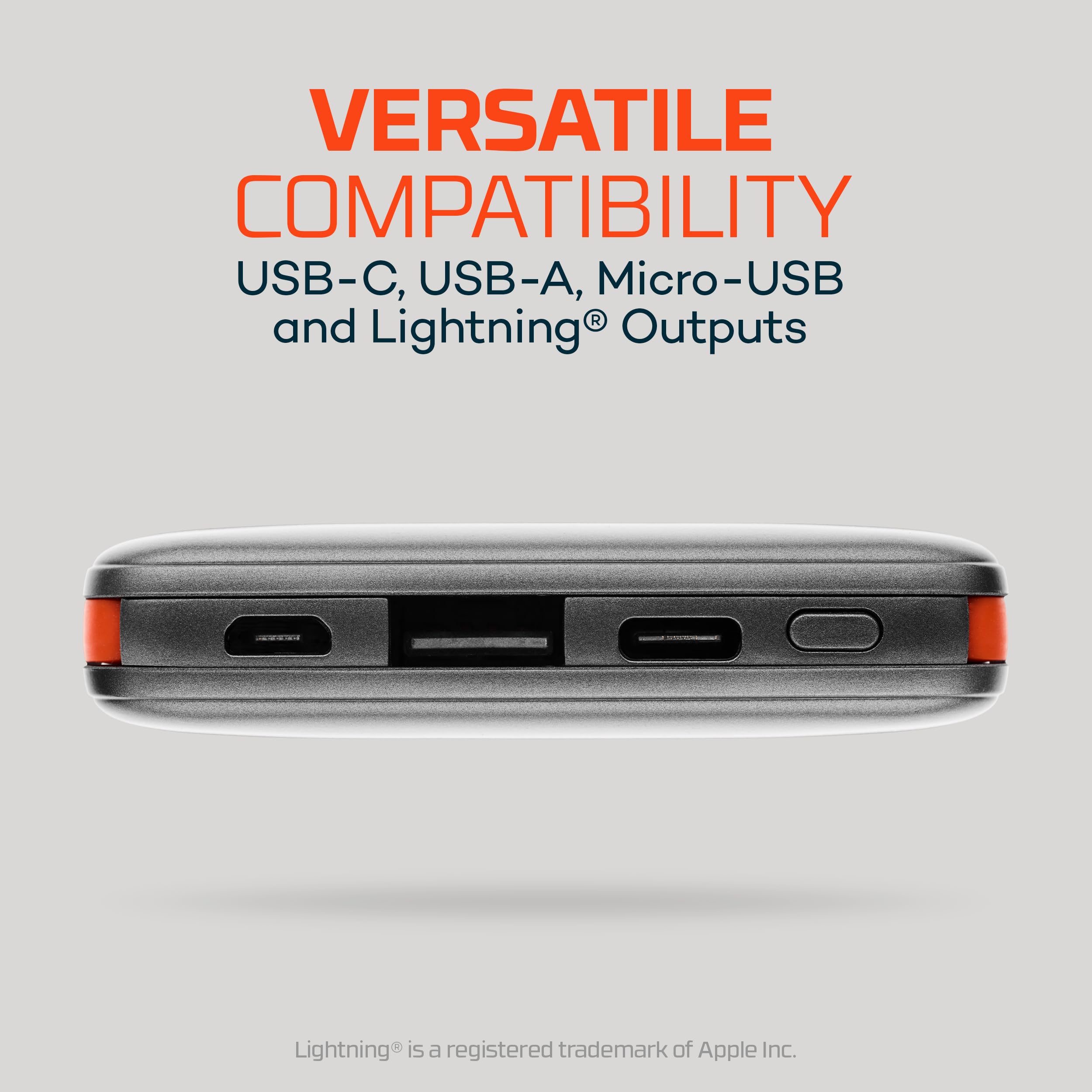 10K NEBO Power Bank with Integrated Cables | 10000mah Power, 37Wh Capacity, Certified Lightning Adapter, 4-Way Output Charging, Compatible with iPhone & Android