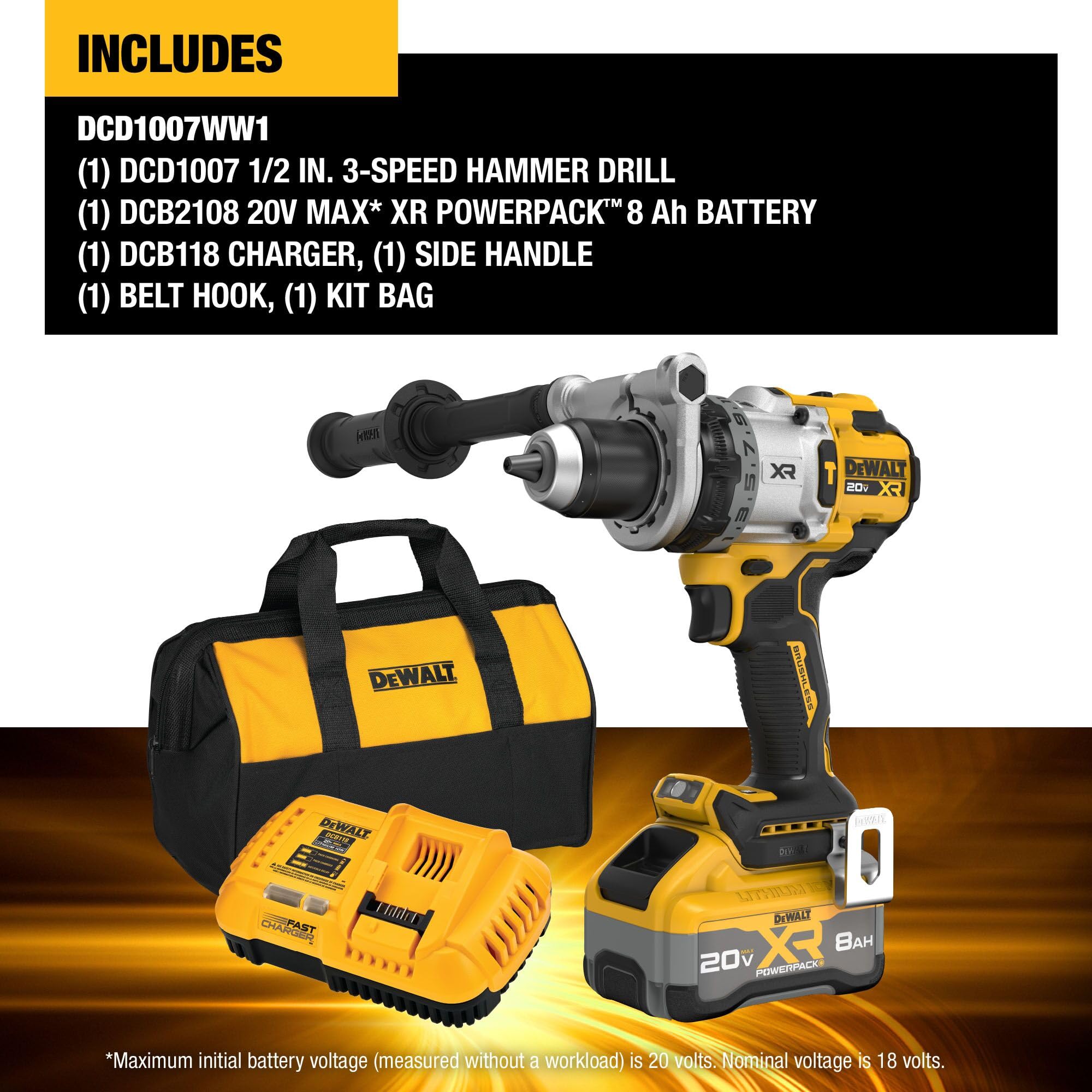 20V MAX XR DEWALT 1/2 Inch Cordless Hammer Drill Kit with 8AH Battery and Charger (DCD1007WW1)