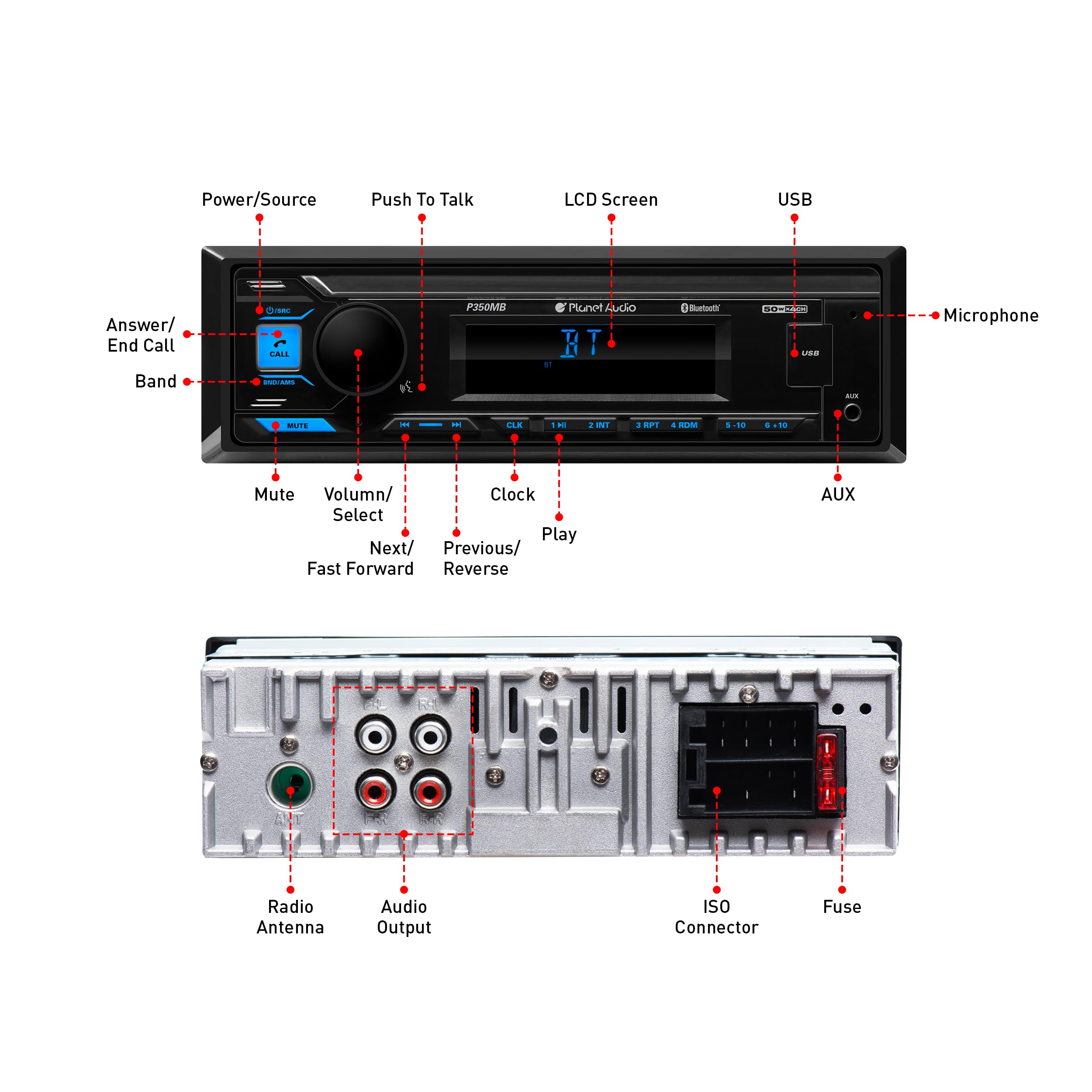 P350MB Planet Audio Car Audio Stereo System - Single Din, Bluetooth Audio and Hands-Free Calling, MP3, USB Audio, USB Charging, AUX Input, AM/FM Radio Receiver, No CD Player