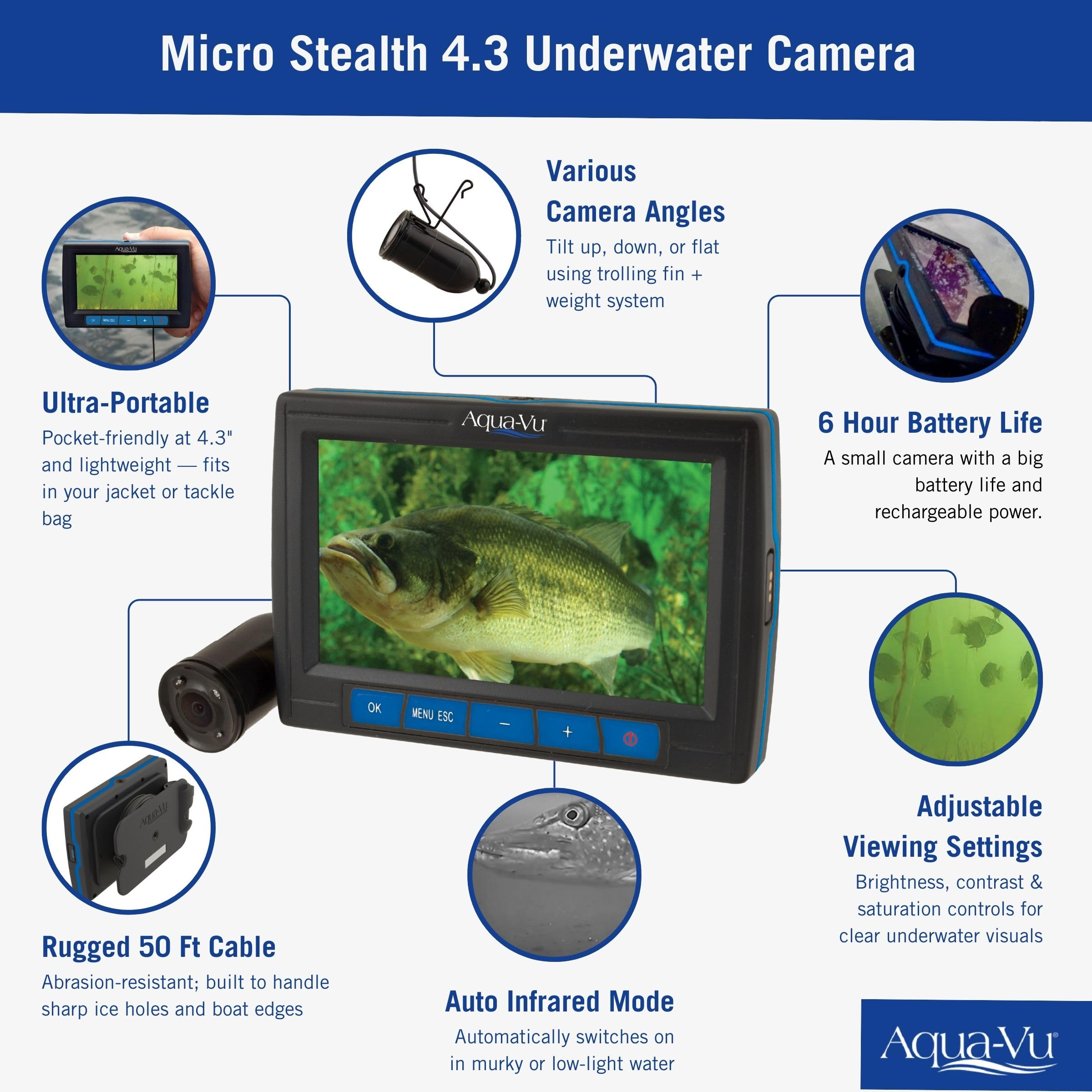 Aqua-Vu 4.3 Micro Stealth Underwater Fishing Pocket Camera, 4.3” LCD, High Resolution Full Color Camera, Auto Infrared Lights, 50 Ft Durable Cable for Fishing and Ice Fishing, Blue Edition