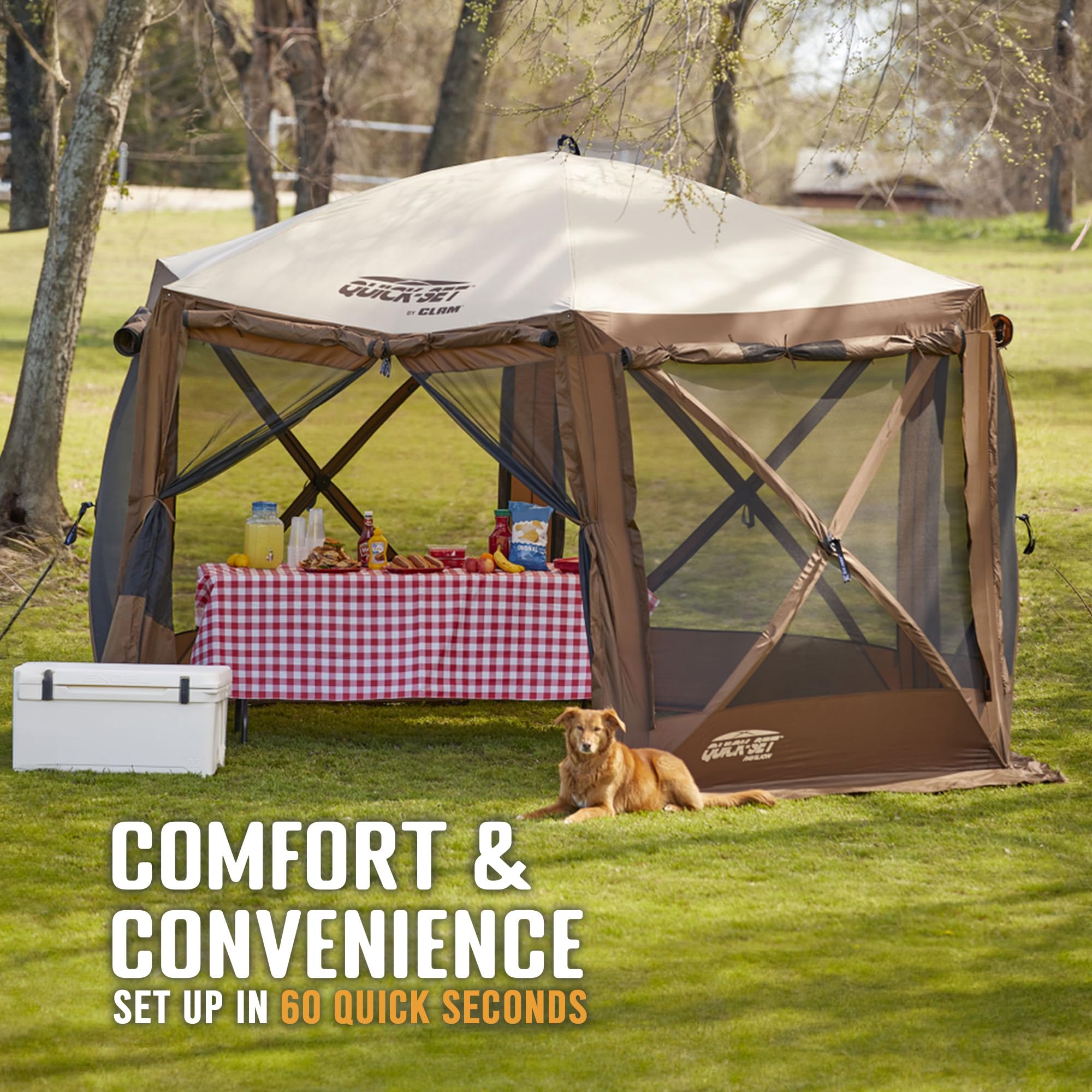 CLAM Large Pop Up Screen Tent, Outdoor Camping Gazebo Canopy, 12.5', Brown - Foldable and Portable Screened Shelter with Netting for Beach, Patio, and Backyard