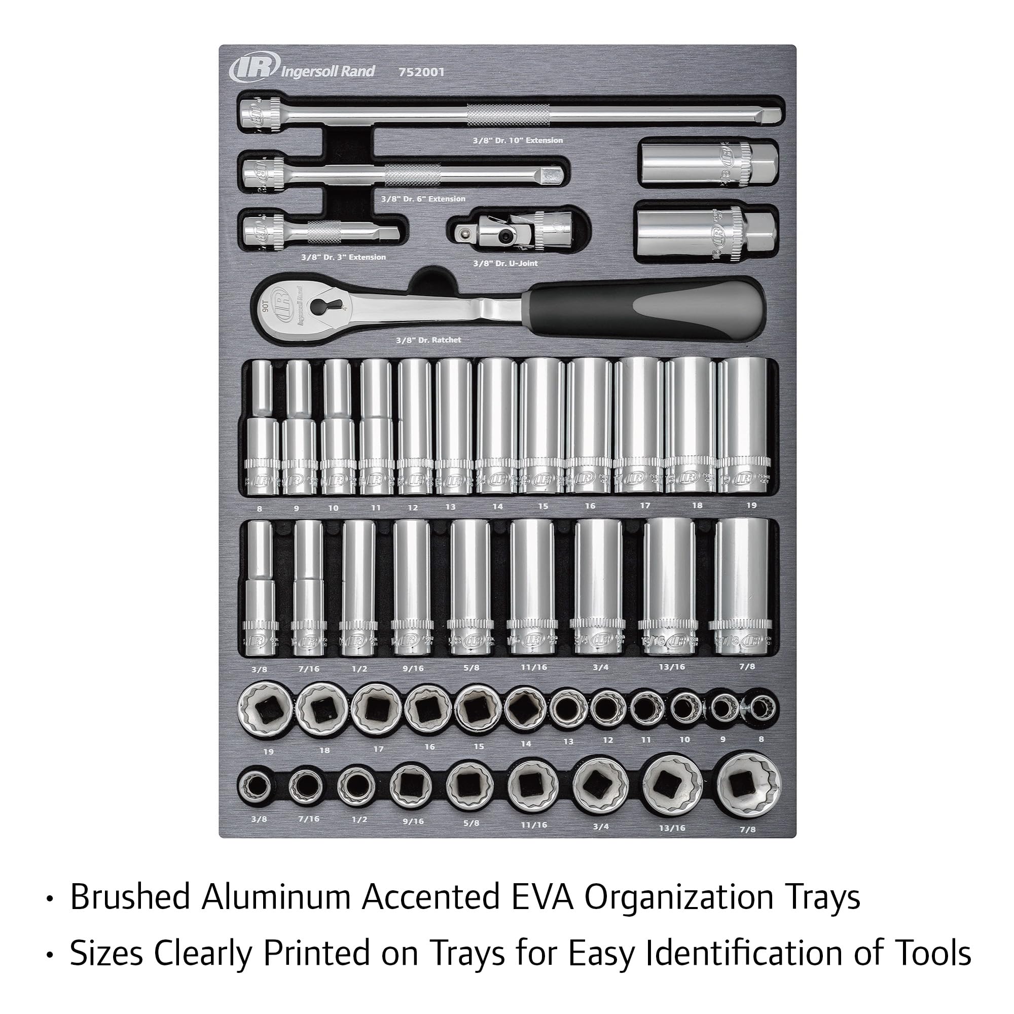 Ingersoll Rand 49-Piece SAE/Metric 3/8-Inch Drive Master Socket and Accessory Set, Includes 90-Tooth Ratchet, Extensions, U-Joint, Magnetic Spark Plug Sockets & EVA Tray – 752001
