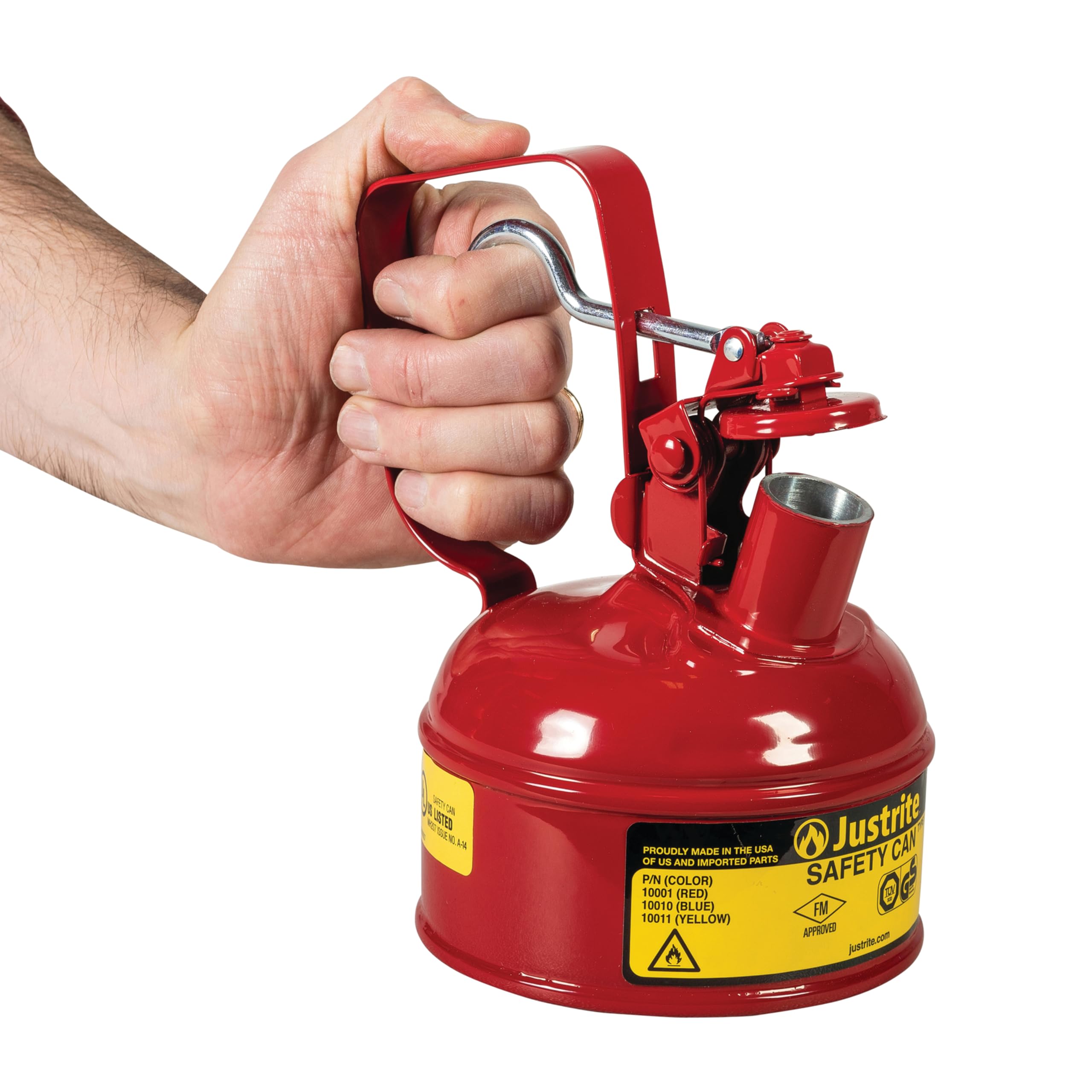 Justrite 1 Pint Red Type I Safety Gas Can for Gasoline with Flame Arrester, Self-Closing Lid, and Trigger Handle, Made in the USA, Galvanized Steel Flammable Storage Can, 10001