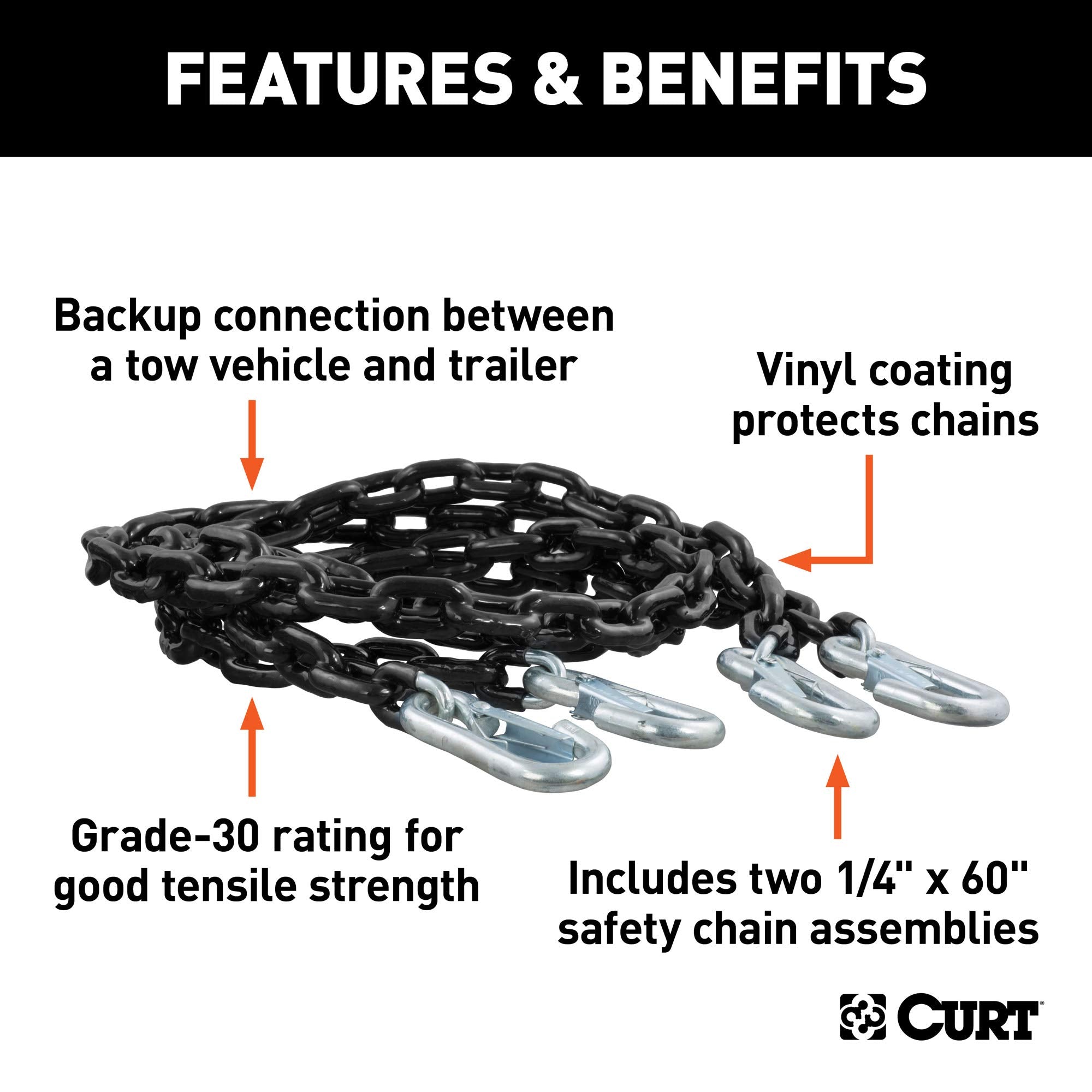 CURT 19749 60-Inch Trailer Safety Chains Vinyl-Coated with 7/16-In Snap Hooks, 5,000 lbs Break Strength, 2-Pack