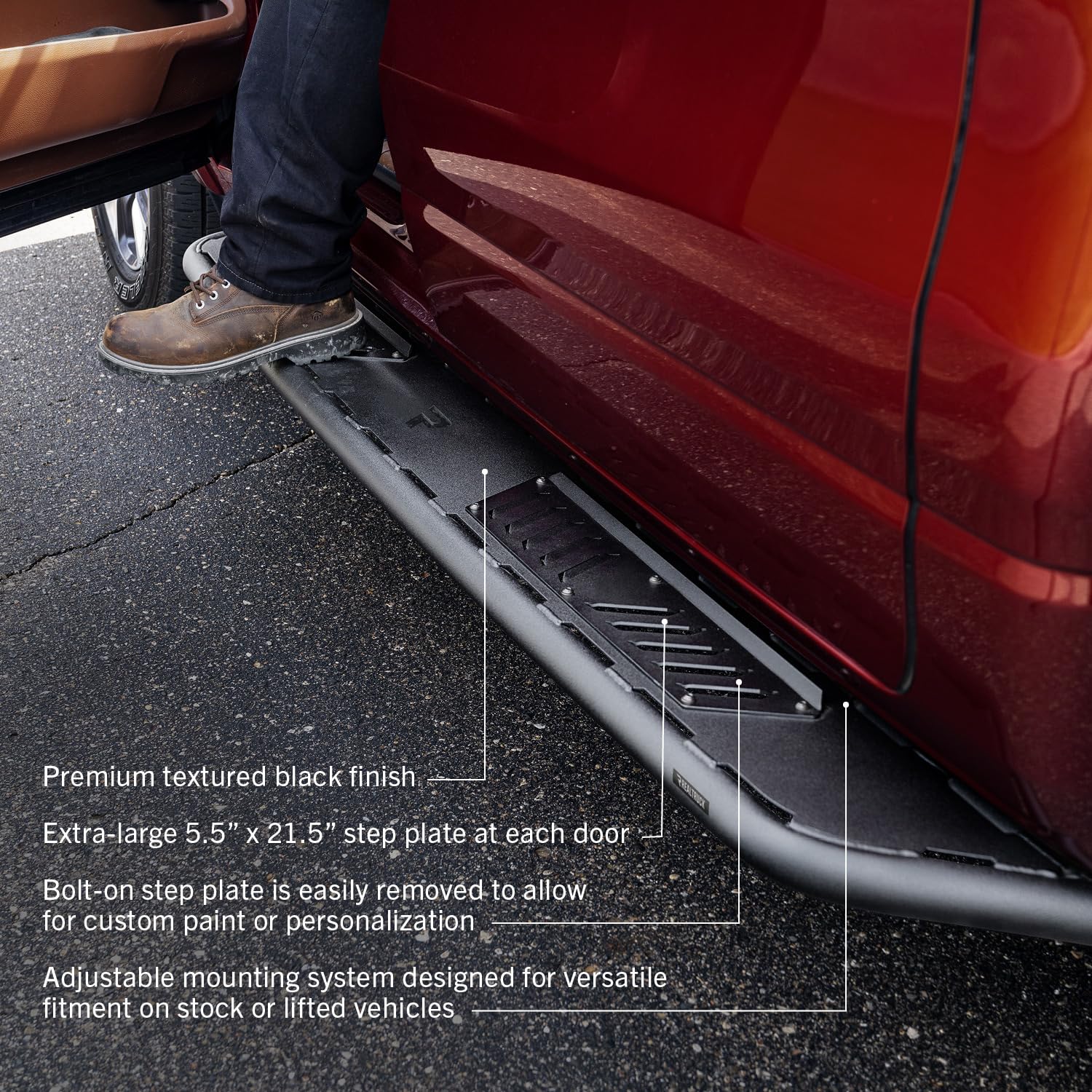 Roan Running Boards RealTruck for Silverado/Sierra | Cab Length, Extra Large 5.5" Step Plate, Textured Black | NBC19CC-TX | Fits 2019 - 2026 Chevrolet / GMC 1500, 20-25 2500 / 3500 Crew Cab