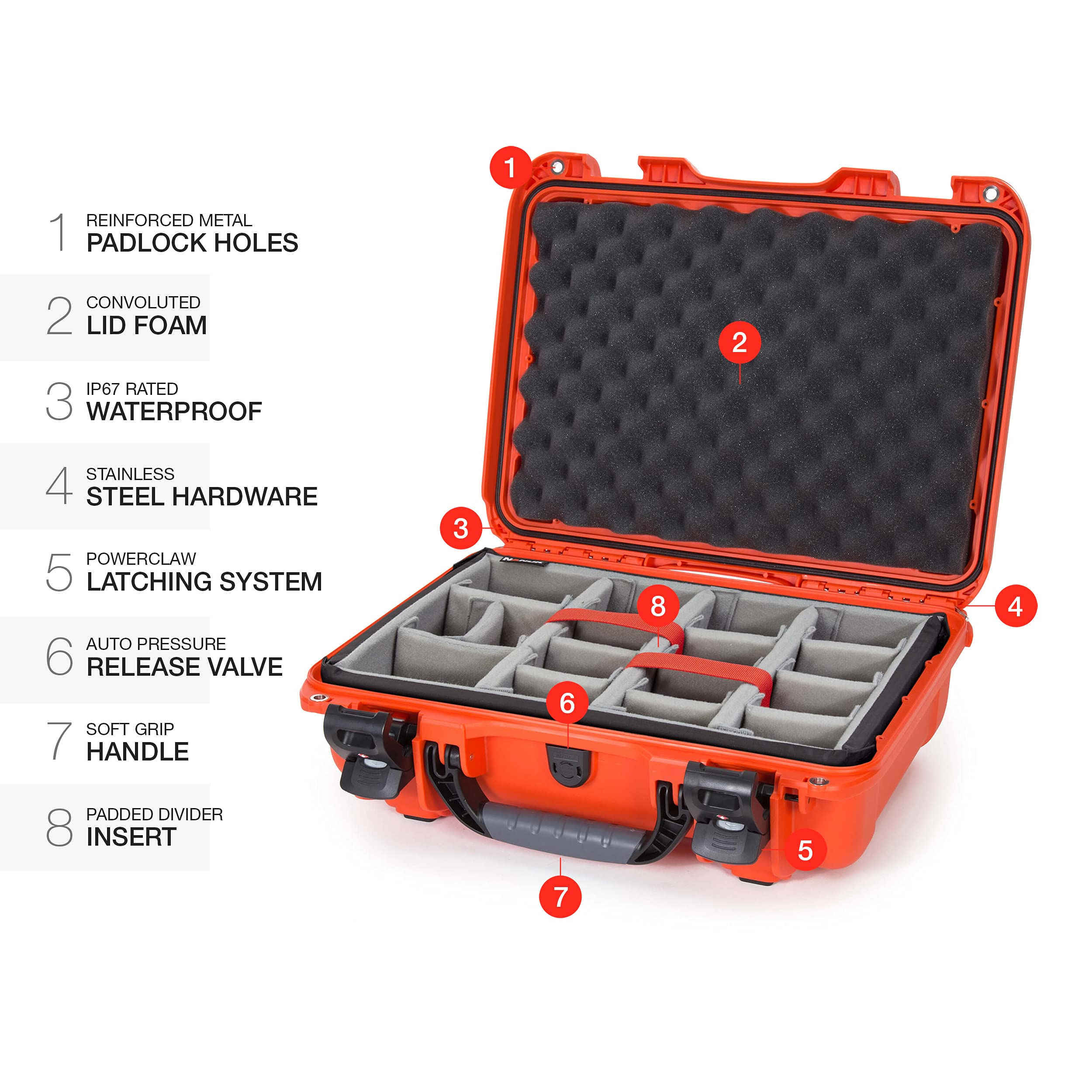 Waterproof Nanuk 923 Hard Case with Padded Dividers and Incorporated TSA Approved Travel Lock Latches - Orange