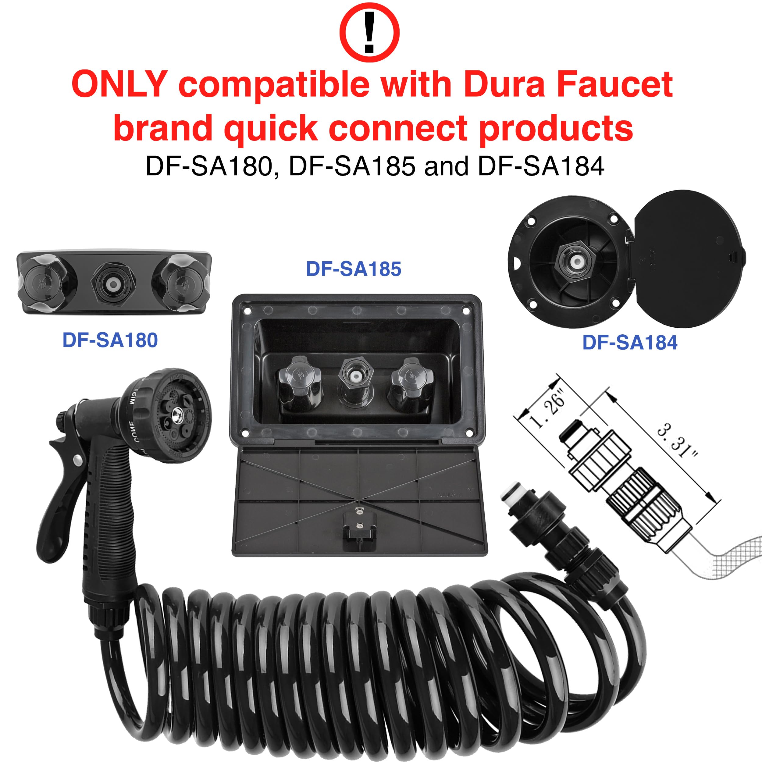 Dura Faucet RV Exterior Quick Connect DF-SA187-BK Sprayer with 7 Spray Settings and Coiled Hose Kit (Black)