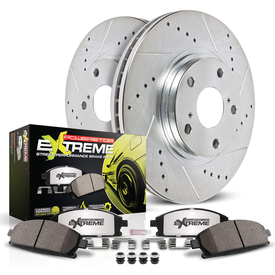 POWERSTOP K8874-26 Rear Carbon-Fiber Ceramic Brake Pad with Drilled and Slotted Rotor Kit Z26 Street Warrior For Tesla 3 2017-2021 [Model Specific]
