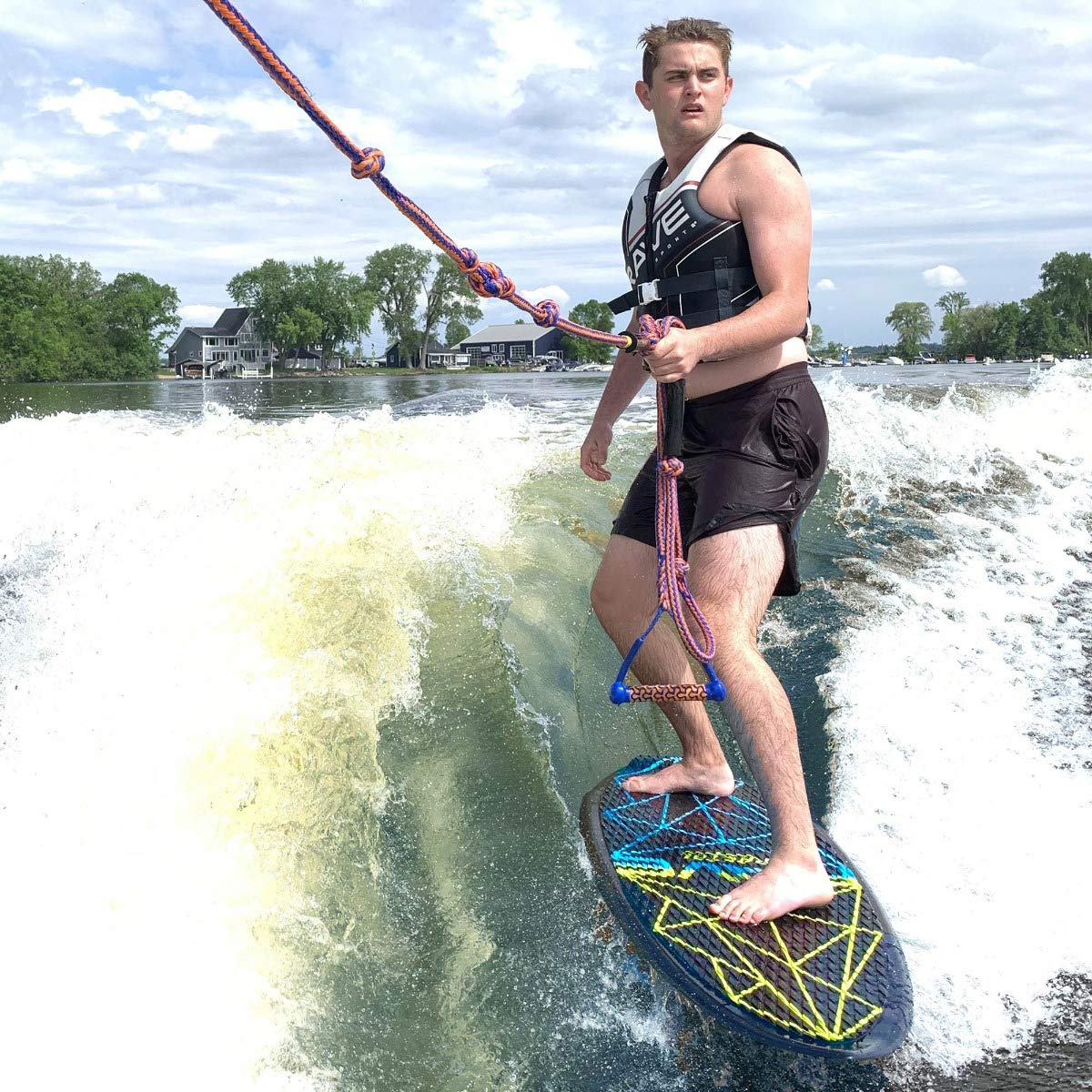 Fractal Wake Surf Board RAVE Sports, 59" x 22", Consistent Weight Distribution and Control, Compressed Molded Fiberglass, Foam Core, Kicktail Design, 3 Fins, Textured EVA Pad, Max Weight 250 lbs