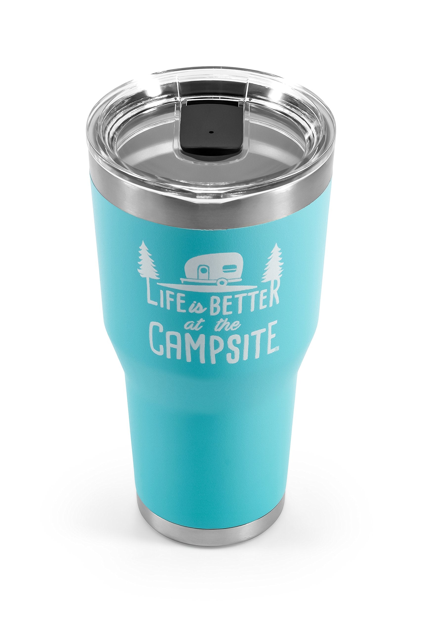 Camco Tumbler Life is Better at The Campsite | Heavy Duty Double Wall Vacuum Insulation | Crafted of 18/8 Stainless Steel | Unique “Life is Better at The Campsite” Design on Cool Blue | 30-oz (53058)