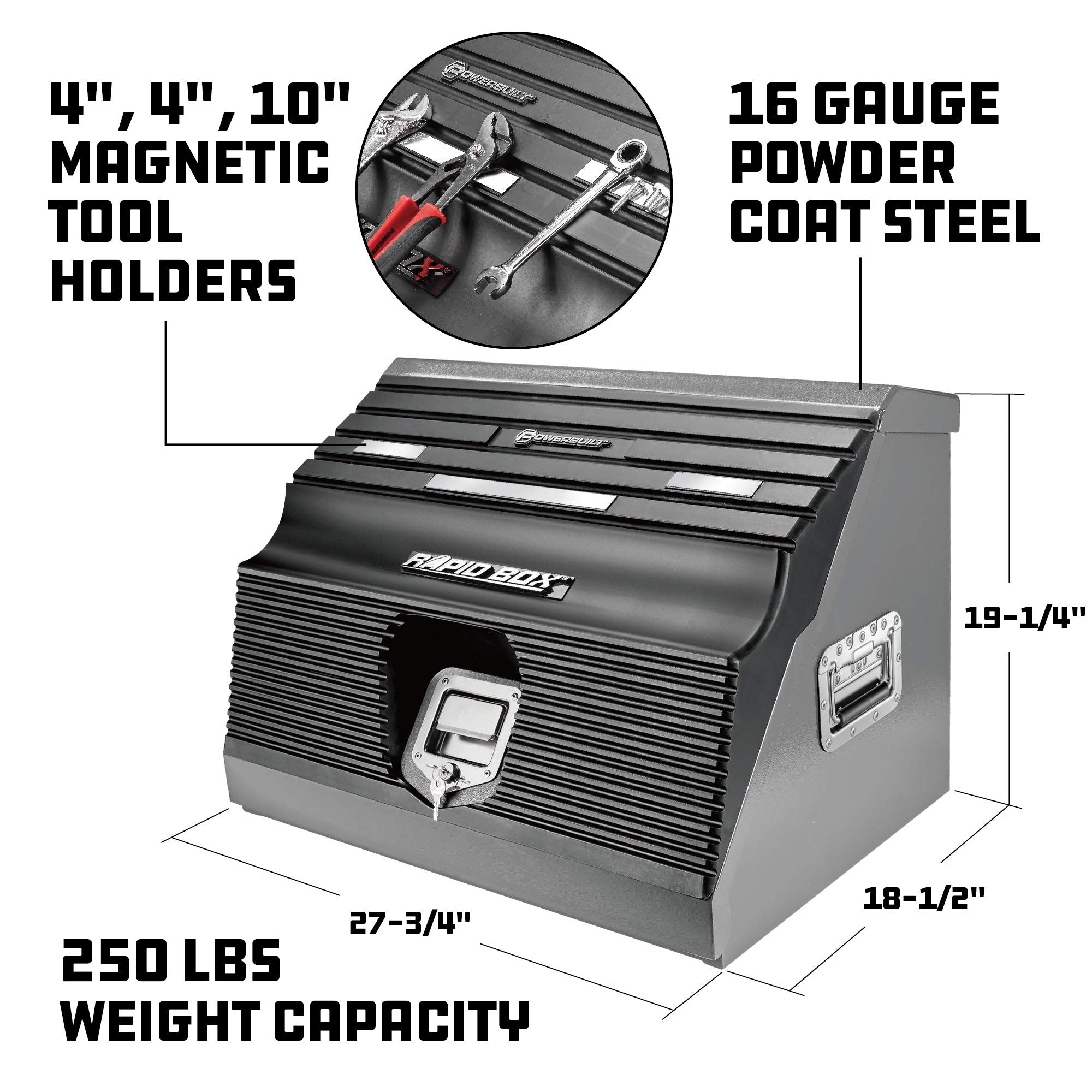 Powerbuilt 26 Inch Rapid Portable Slant Front Toolbox Tiered Tool Holders, 16 Gauge Steel, Weather-Resistant Lockable Magnetic Lid, Grey - 240102