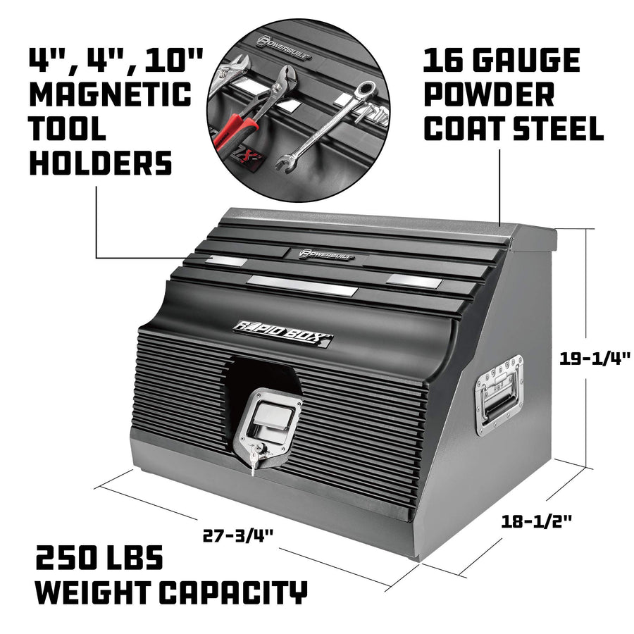 Powerbuilt 26 Inch Rapid Portable Slant Front Toolbox Tiered Tool Holders, 16 Gauge Steel, Weather-Resistant Lockable Magnetic Lid, Grey - 240102