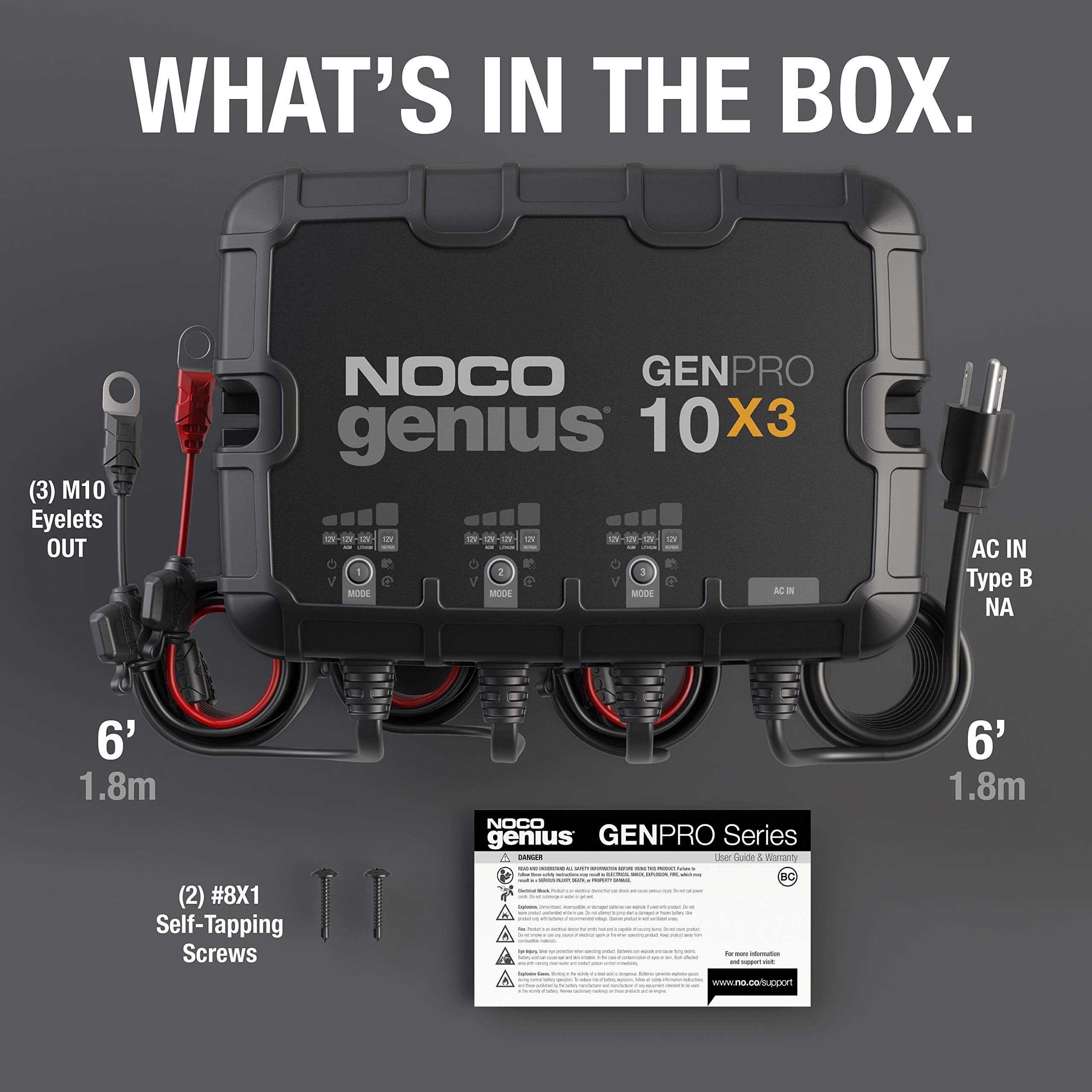 NOCO Genius 3-Bank GENPRO10X3, 30A (10A/Bank) Smart Marine Battery Charger, 12V Waterproof Onboard Boat Charger, Battery Maintainer and Desulfator for AGM, Lithium (LiFePO4) and Deep-Cycle Batteries