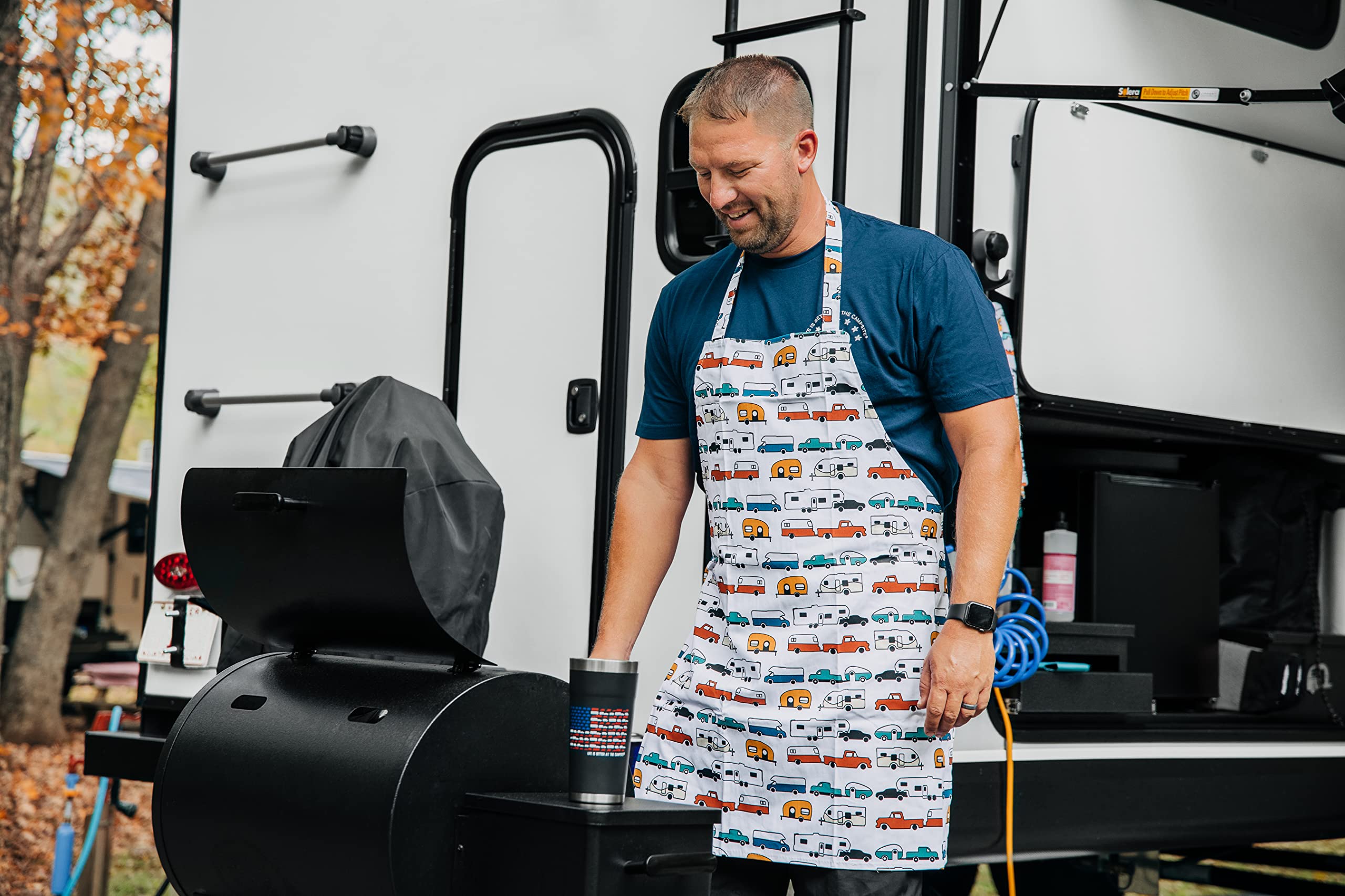 Adjustable Apron-Multi Color Retro RV Pattern, Camco Life is Better at The Campsite for Baking Cooking and Grilling (53257)