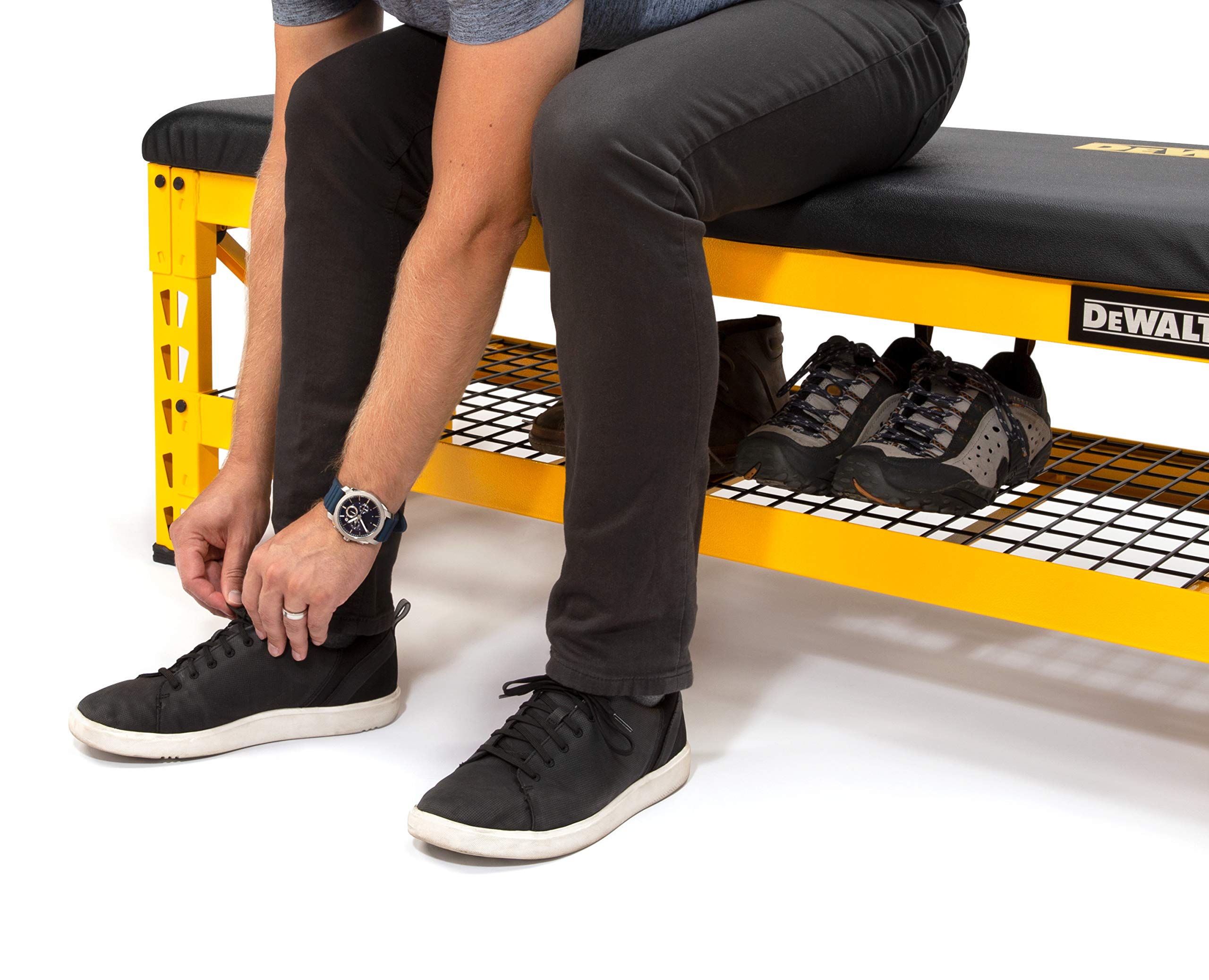 DEWALT Bench Garage with Wire Grid Storage Shelf, Rip-Resistant Foam-Padded Vinyl Seat, 1000-lb Capacity Bench Top, 1500-lb Capacity Shelf, Steel Frame