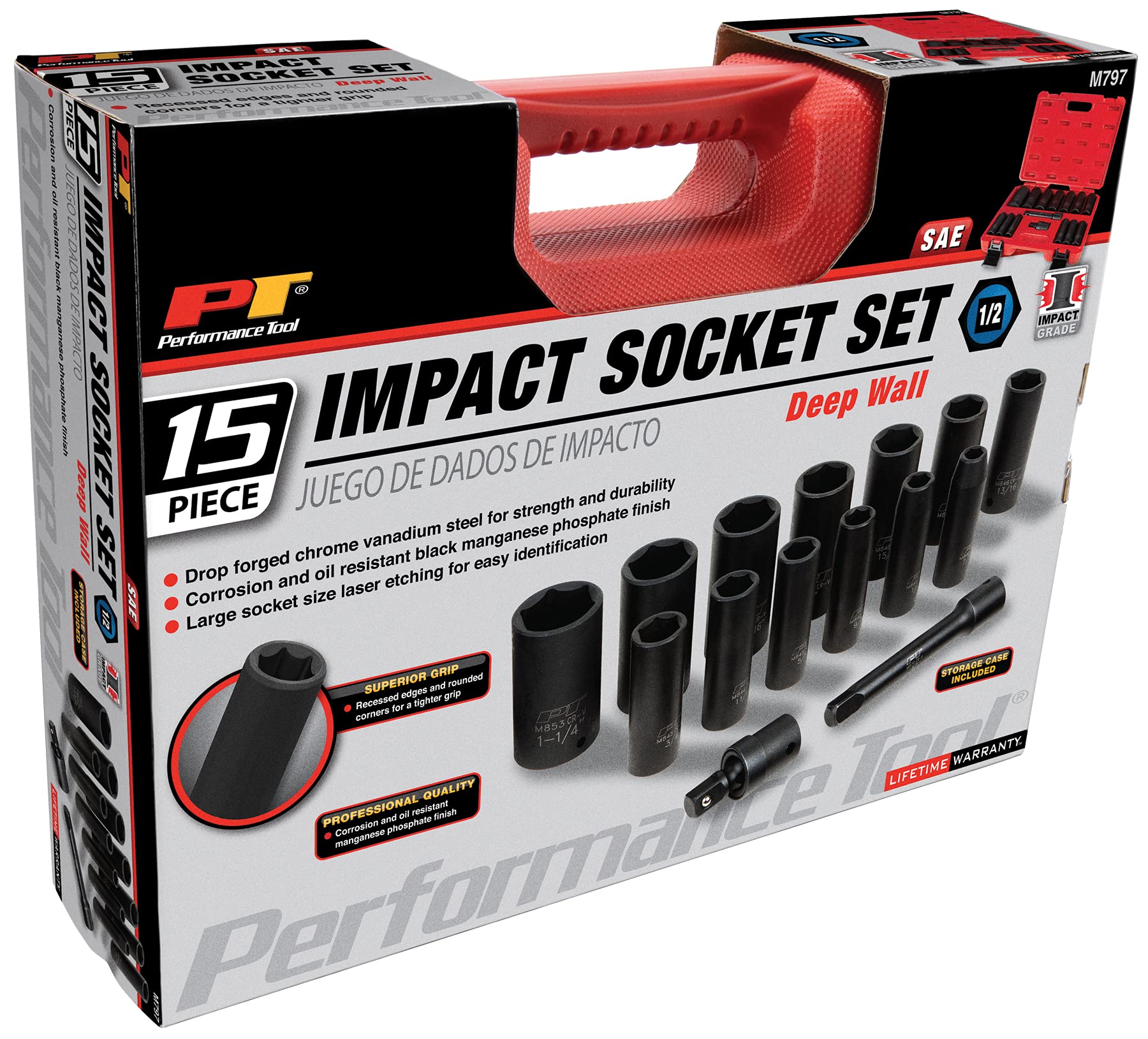 M797 Performance Tool 15pc 1/2-Inch Drive SAE Impact Set - Professional Grade Heavy Duty Tool Kit for Automotive and Industrial Use