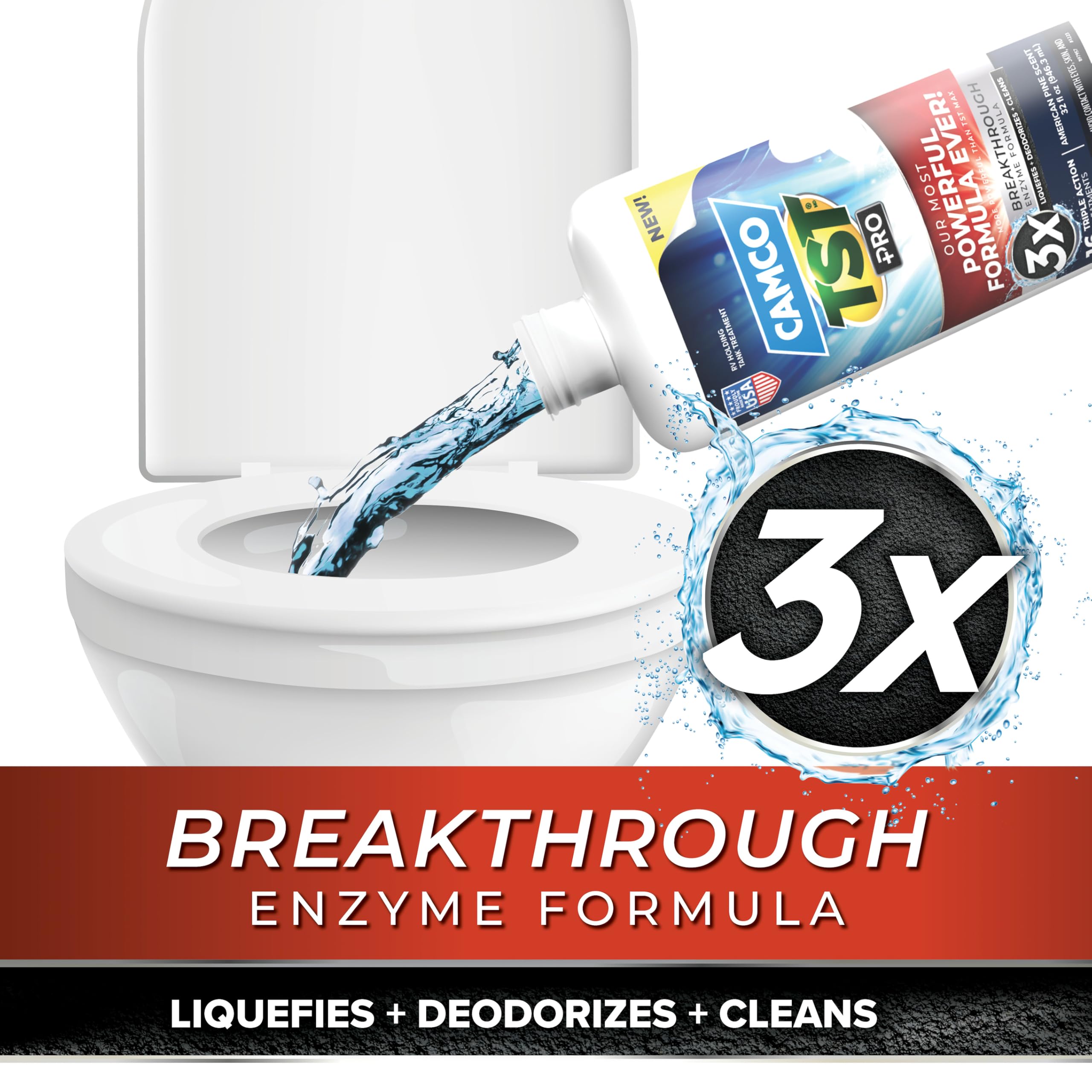 Camco TST PRO Toilet Treatment Camper/RV - Innovative Bio-Enzymatic Formula -Fastest Odor Stopper & RV Sewer Waste Breakdown - RV Black Tank Treatment - Fresh Pine Scent - Septic-Safe, 32-Oz (41771)