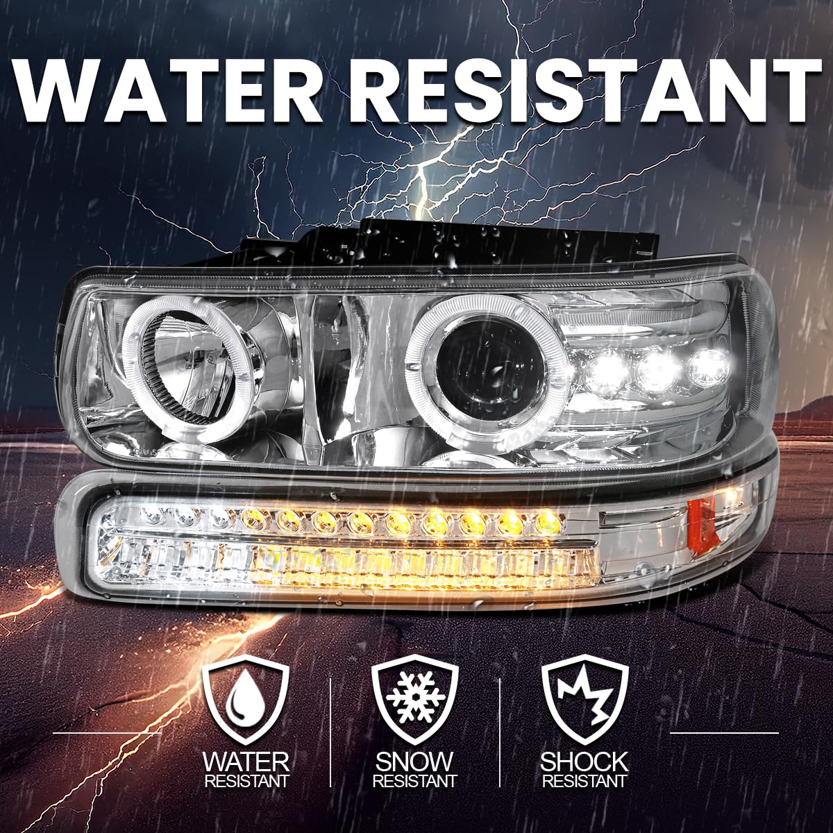 LED Halo Projector Headlights + LED Bumper Lights SPEC-D TUNING Compatible with 1999-2002 Chevy Silverado 1500 2500 3500, Left + Right Pair Headlamps Assembly