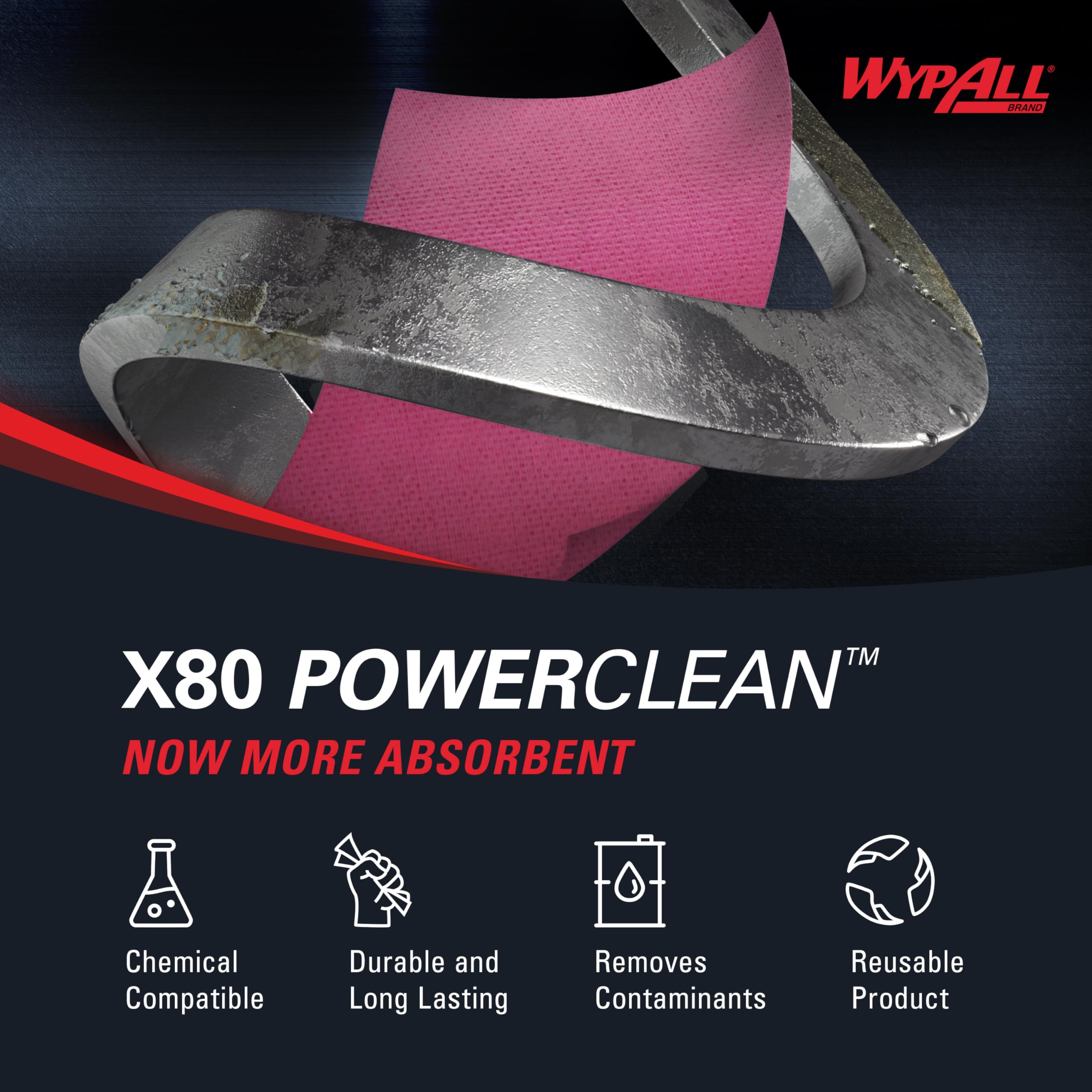 WypAll X80 PowerClean Cloths Heavy Duty Wipes (41055), Jumbo, Extended Use Towels, Red (1 Roll of 455 Sheets, 455 Sheet Total)