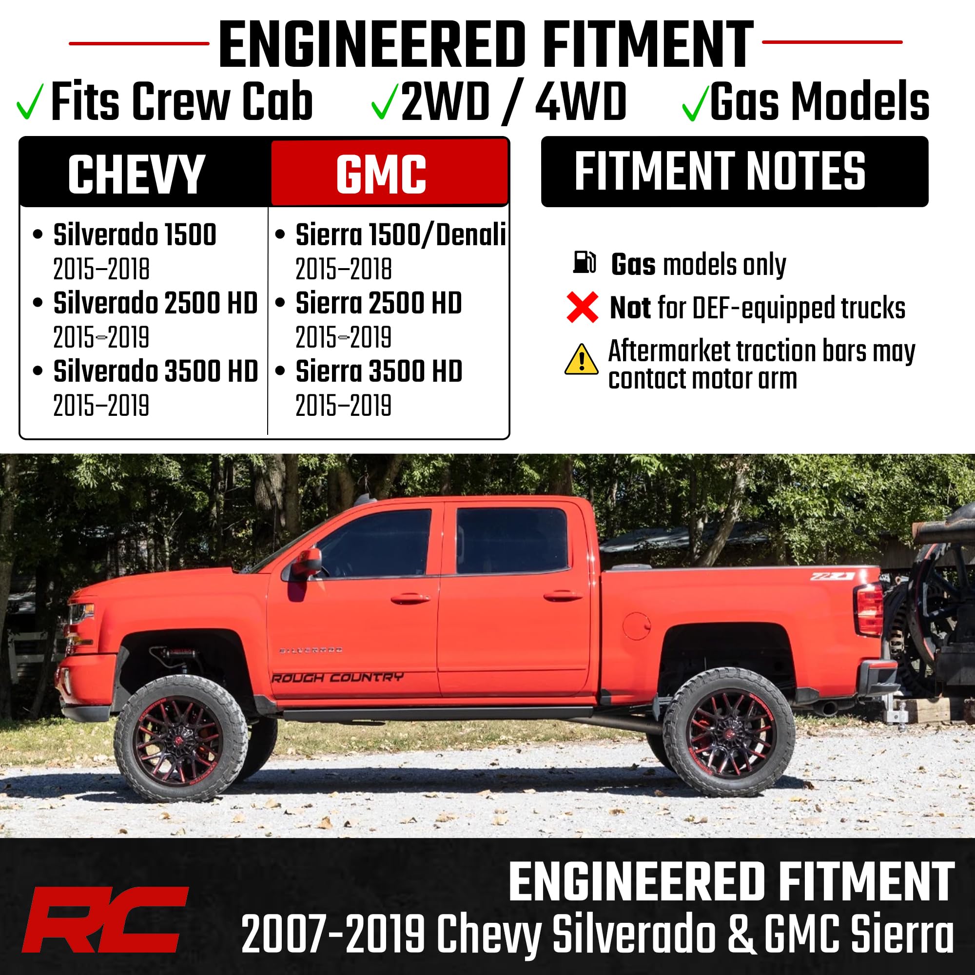 Power Running Boards Rough Country for Chevy Silverado & GMC Sierra 1500 / 2500HD / 3500HD Crew Cab (2014-2019) - Automatic Retractable Electric Side Steps with LED Lights, No-Drill Install