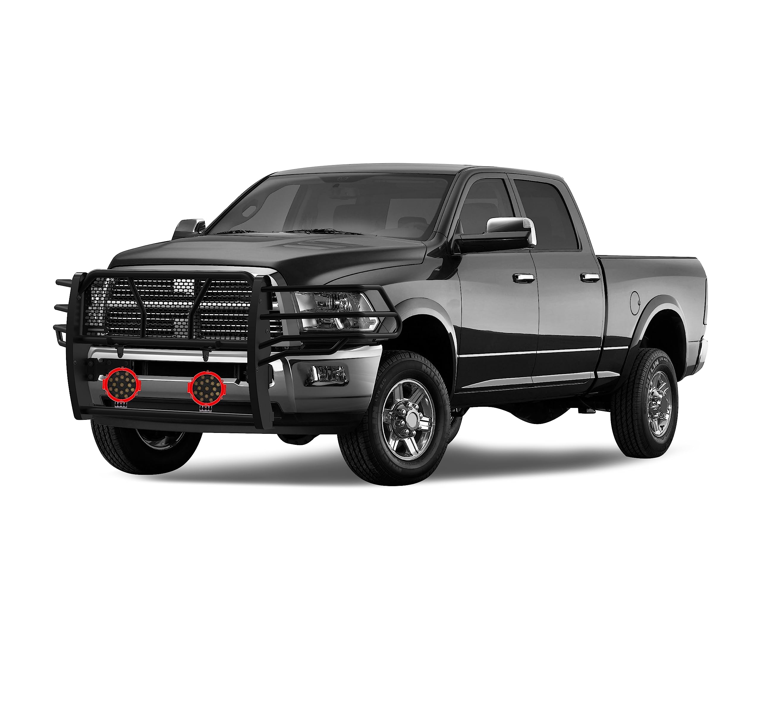 Heavy Duty Black Horse Rugged Grille Brush Bumper Guard Modular Black Come with Pair of 7.0" LED Lights with Red Trim Rings Compatible with 2010-2018 Dodge Ram 2500/3500-RU-DORA10-B-PLR