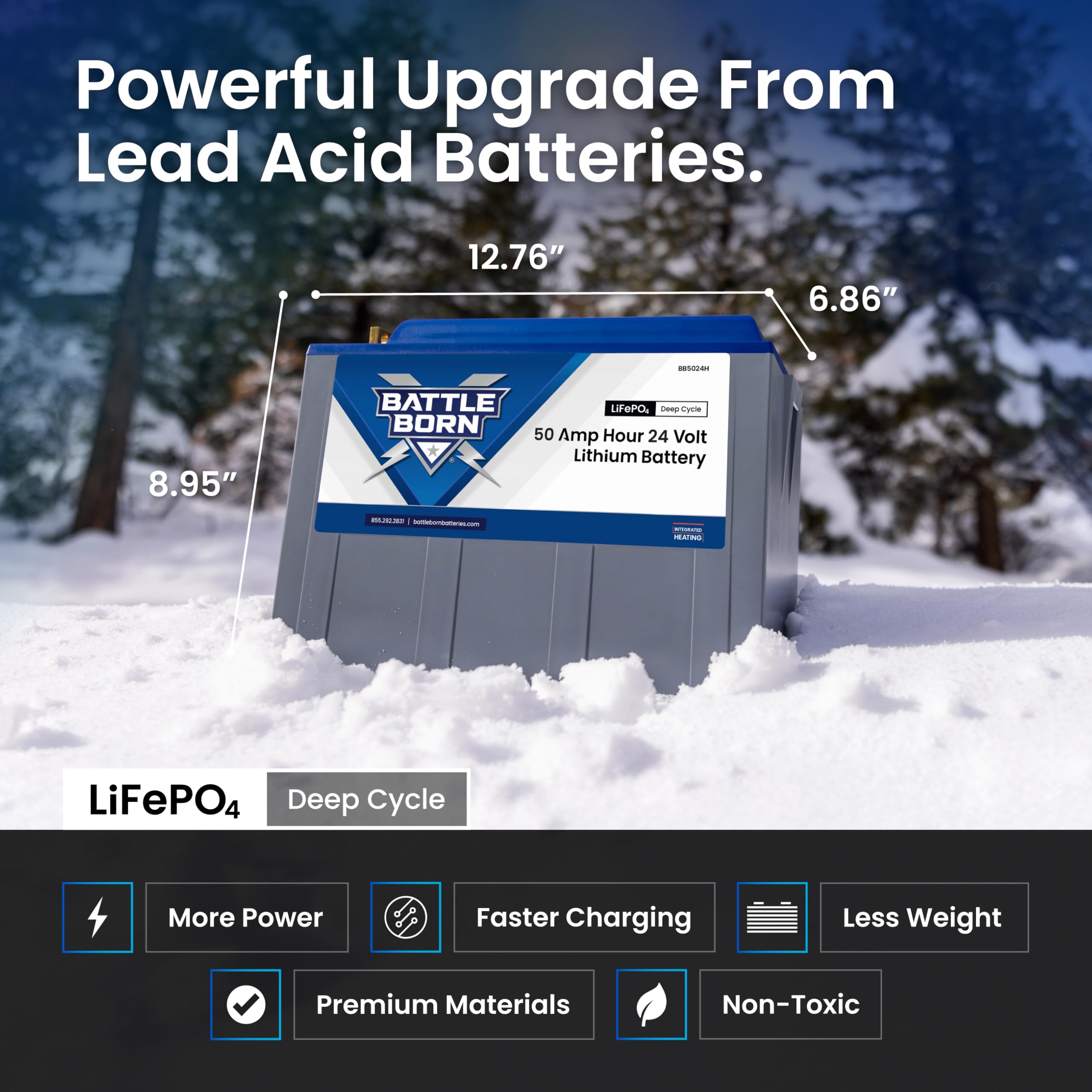 24V 50Ah Heated Lithium-Ion (LiFePO4) RV, Marine, Solar, & Off Grid Battery - Integrated Heating Technology - Internal BMS, High & Low Temperature Protection - Battle Born Batteries
