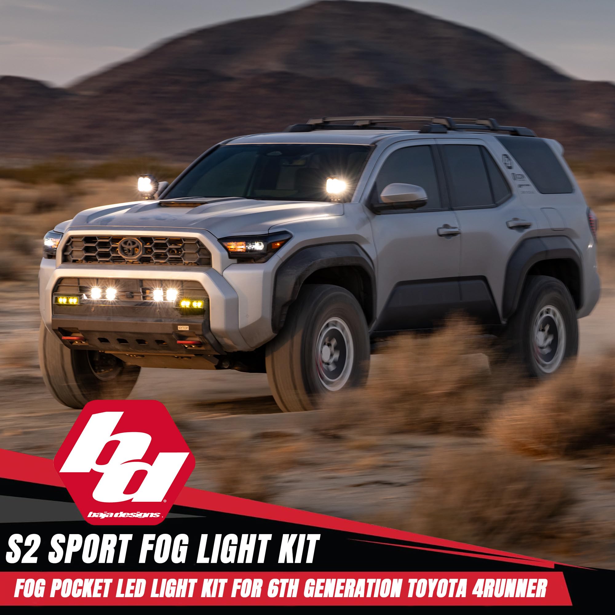 Baja Designs S2 Fog Light Kit Sport LED for Toyota 4Runner 2025+ (Non-TRD Pro) - Street Legal, 4 PCS LED with Mounting Brackets, Adapter Harness - OEM Switch Compatible (Wide Cornering; Clear)