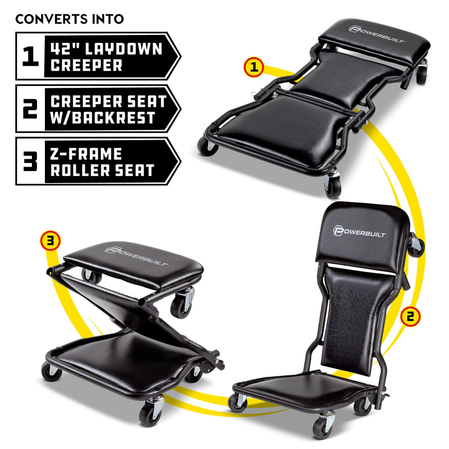 Powerbuilt 42-Inch Folding Triplex Creeper, Rolling Seat, and Brake Stool, All-in-One Adjustable Roller Garage Chair, Lay Down or Sit, Black 620469