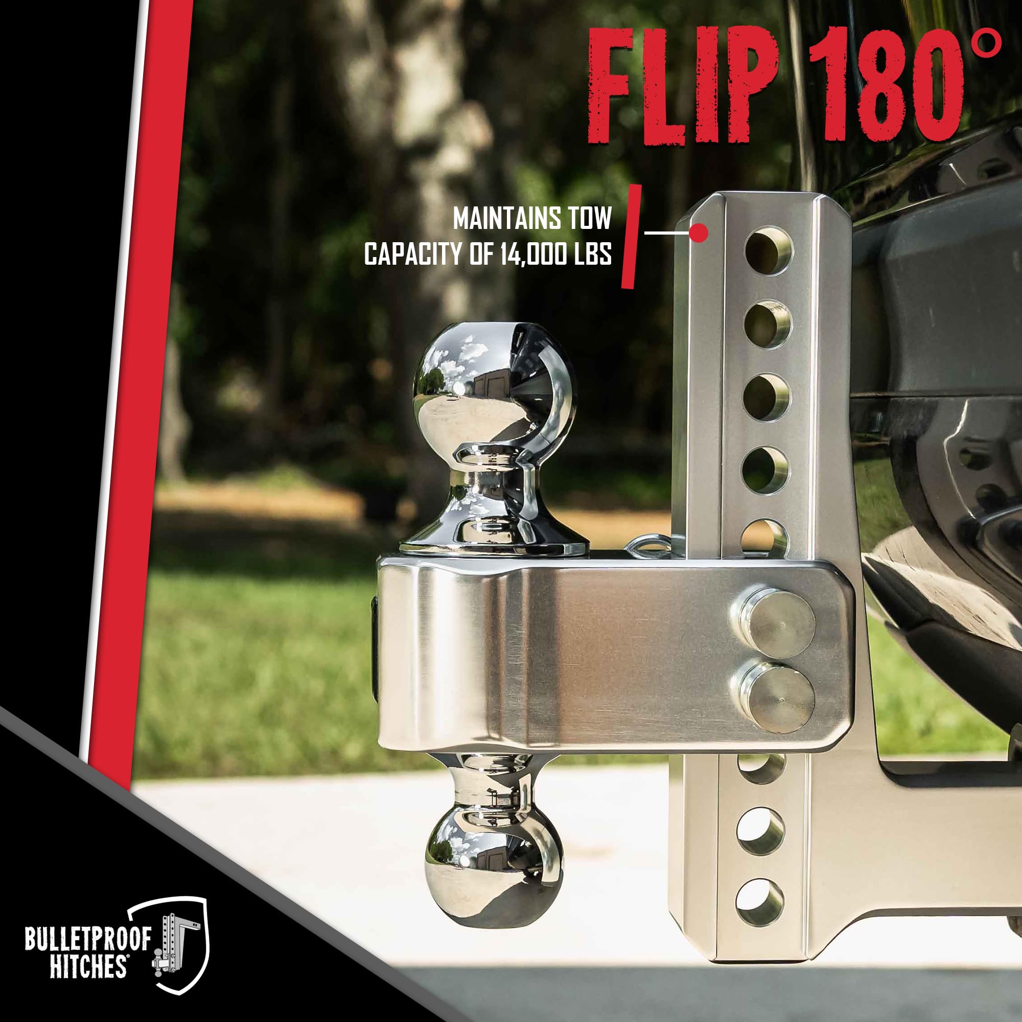 2.5" Aluminum BulletProof Hitches - Trailer Hitch (14,000 lb. Rating) - Adjustable Hitch with 4" Drop/Rise and 2" & 2-5/16" Dual Ball - Corrosion-Resistant Tow Hitch