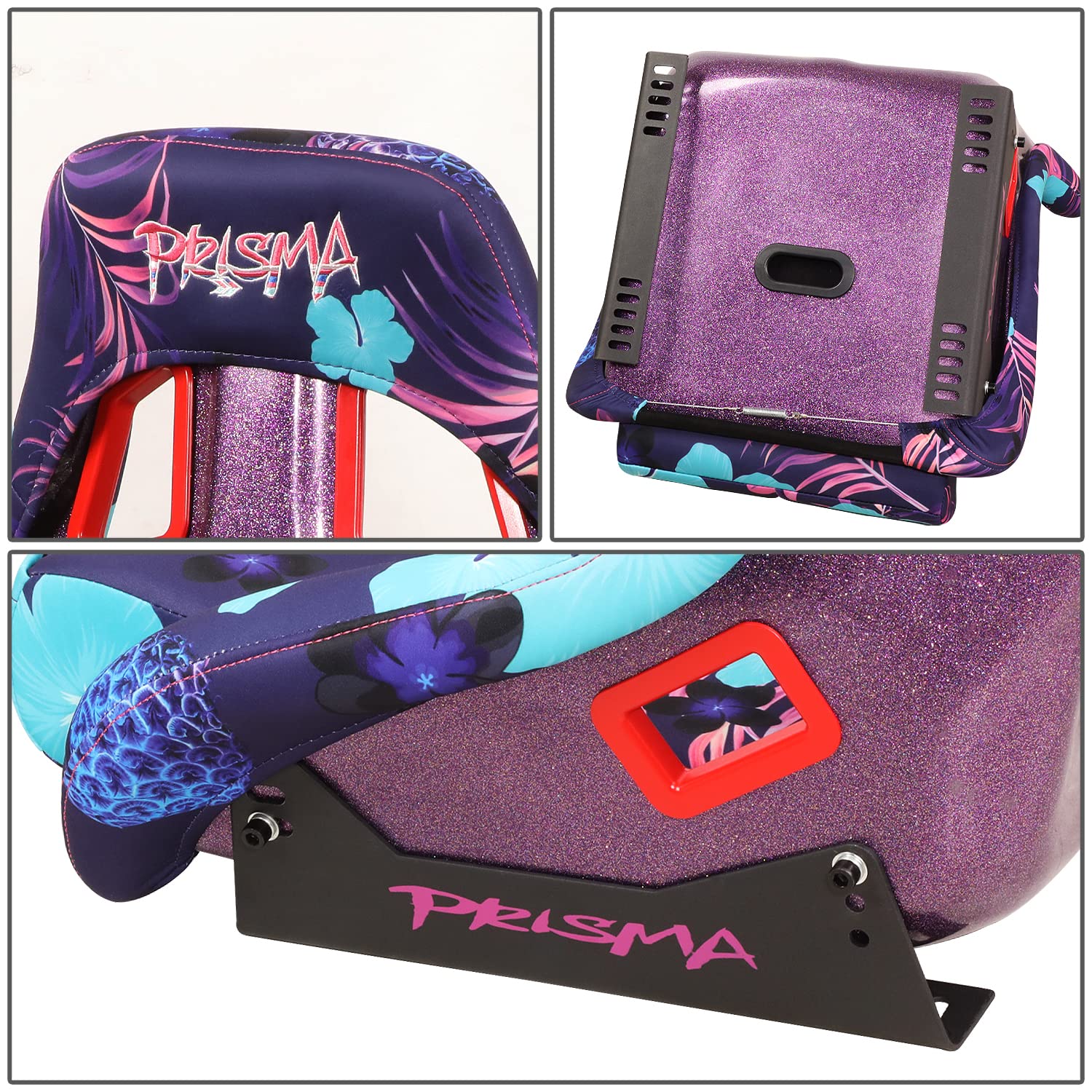NRG Innovations Prisma FRP-302-PINA Fixed Back Bucket Racing Seat with Bottom Mount Bracket, Invert Tropical Print/Purple Sparkled Paint Back