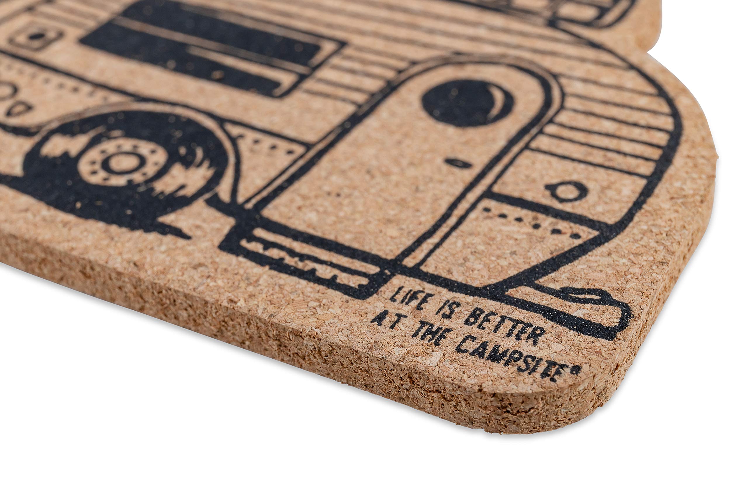 Camco Coasters Life is Better at The Campsite - Features Unique RV Themed Design & Crafted of Cork - Prevents Water Rings & Water Marks on Furniture - 2-Pack (53384)