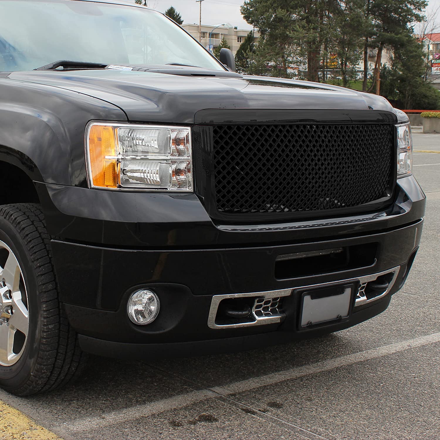 Glossy Black Mesh Front Bumper Grille Spec-D Tuning Compatible with 2007-2013 GMC Sierra 1500 / Denali / 2009-2013 Hybrid Models