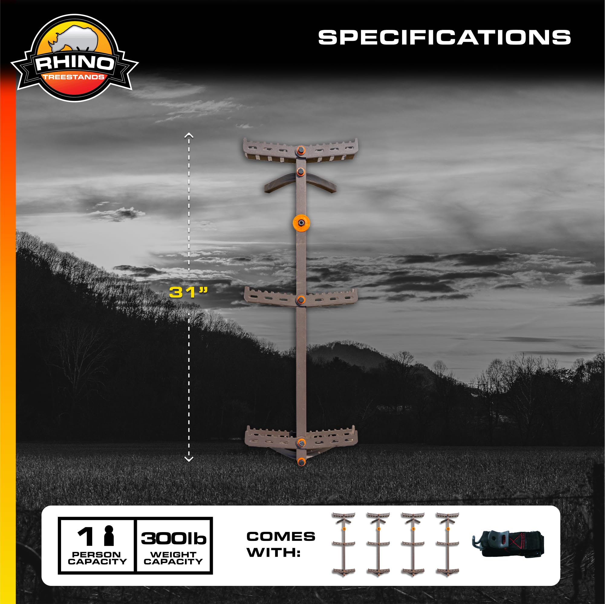 31" Rhino Treestands Climbing Sticks with Fold Out Tread Steps for Easy Climbing (4-Pack), Grey