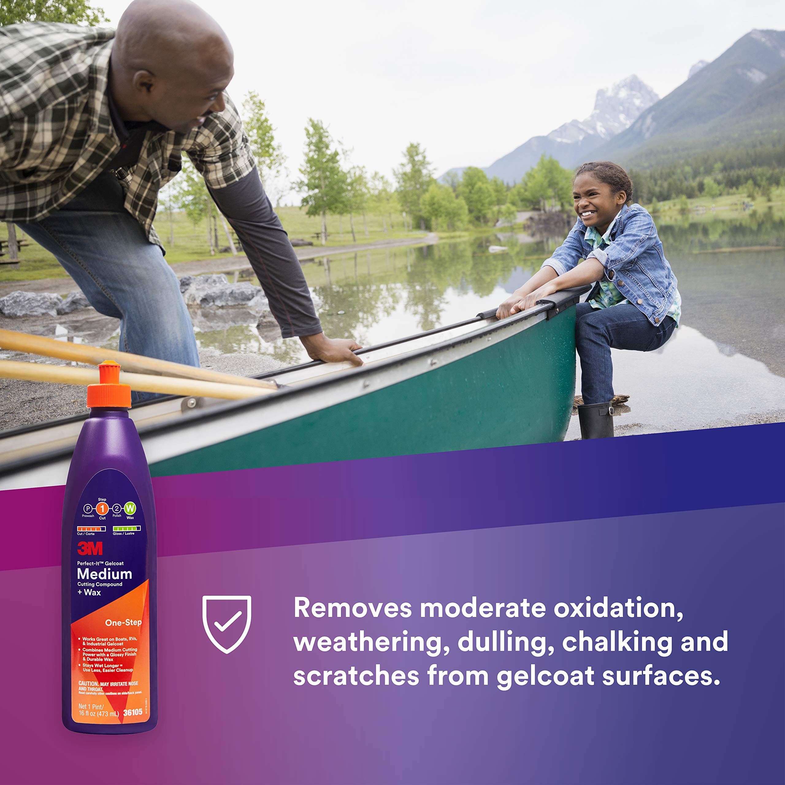 3M Perfect-It Medium Cutting Compound Gelcoat + Wax, 36105, 1 Pint, One-Step Process, P1500 and Finer Scratches, Fiberglass Oxidation Remover for Boats and RVs, White