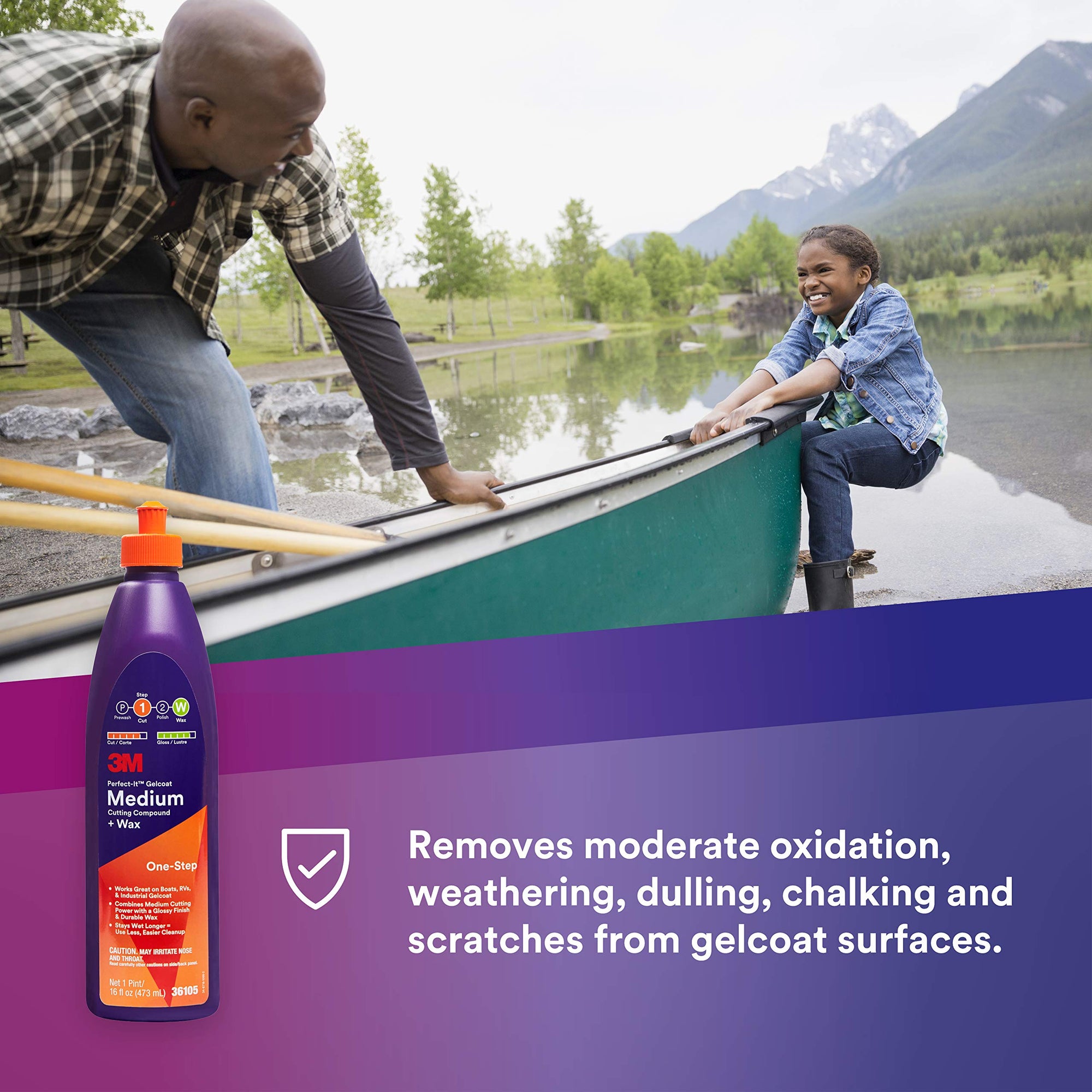 3M Perfect-It Medium Cutting Compound Gelcoat + Wax, 36105, 1 Pint, One-Step Process, P1500 and Finer Scratches, Fiberglass Oxidation Remover for Boats and RVs, White