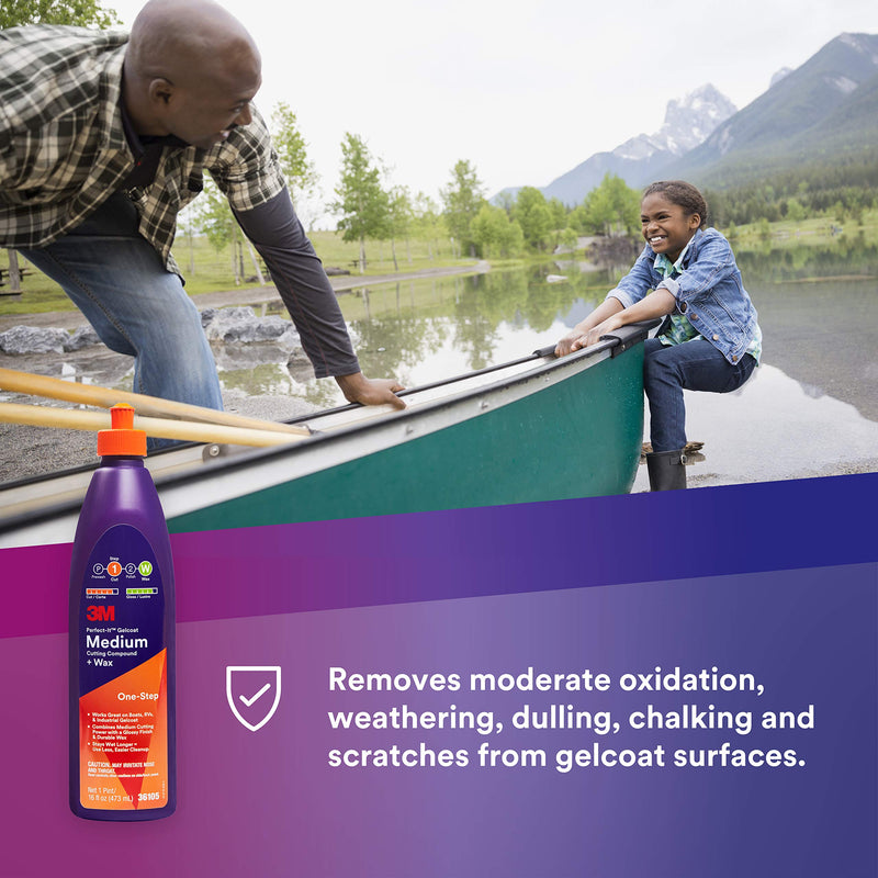 3M Perfect-It Medium Cutting Compound Gelcoat + Wax, 36105, 1 Pint, One-Step Process, P1500 and Finer Scratches, Fiberglass Oxidation Remover for Boats and RVs, White