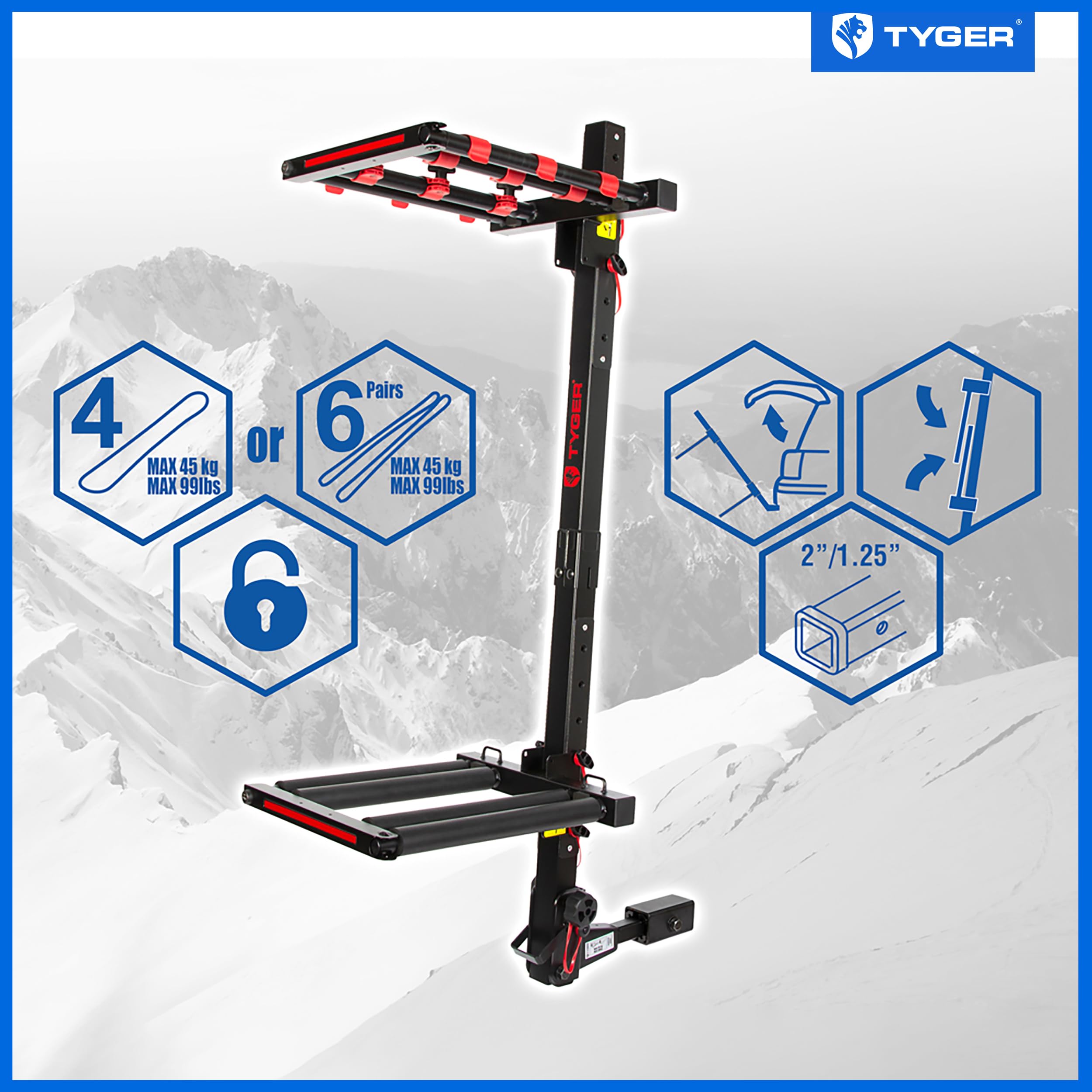Folding Hitch-Mounted Ski/Snowboard Rack Tyger Auto TG-RK1B707B Fits 2" or 1.25" Receiver Carries 6 Pair Skis or 4 Snowboards | Key Lock | Security Strap | Vertical Adjustable | Tilt Access