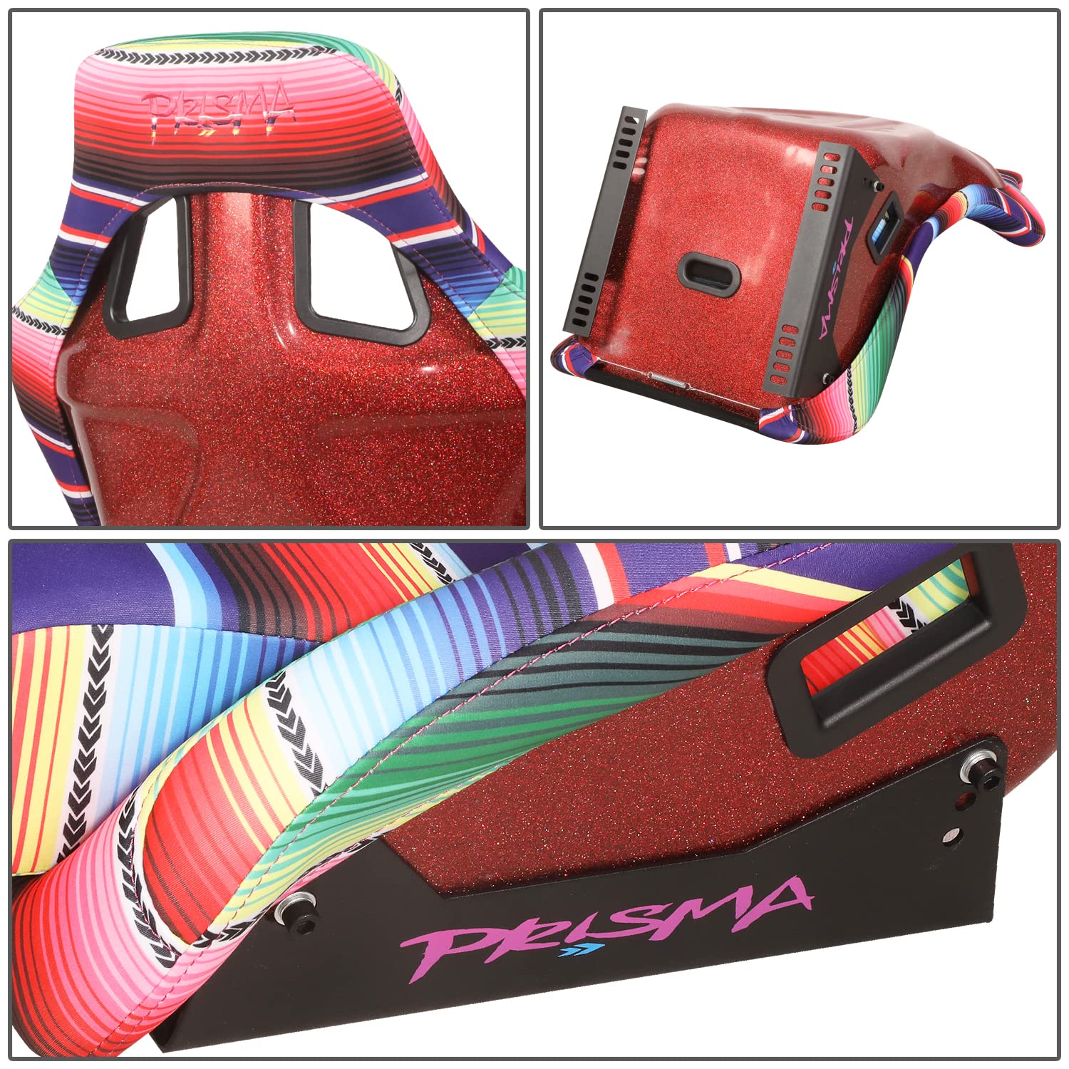 NRG Innovations Prisma NRG-FRP-302-MEXICALI Fixed Back Bucket Racing Seat wBottom Mount, Serape Design/Fresh Red Glitter Back