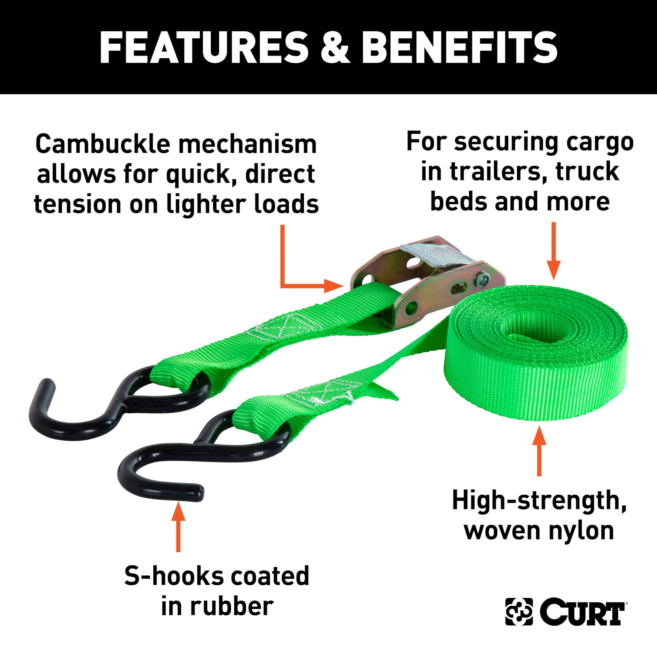 Cambuckle Manufacturing CURT Tie Down Cargo Straps Green 1inx15ft 2 Pack