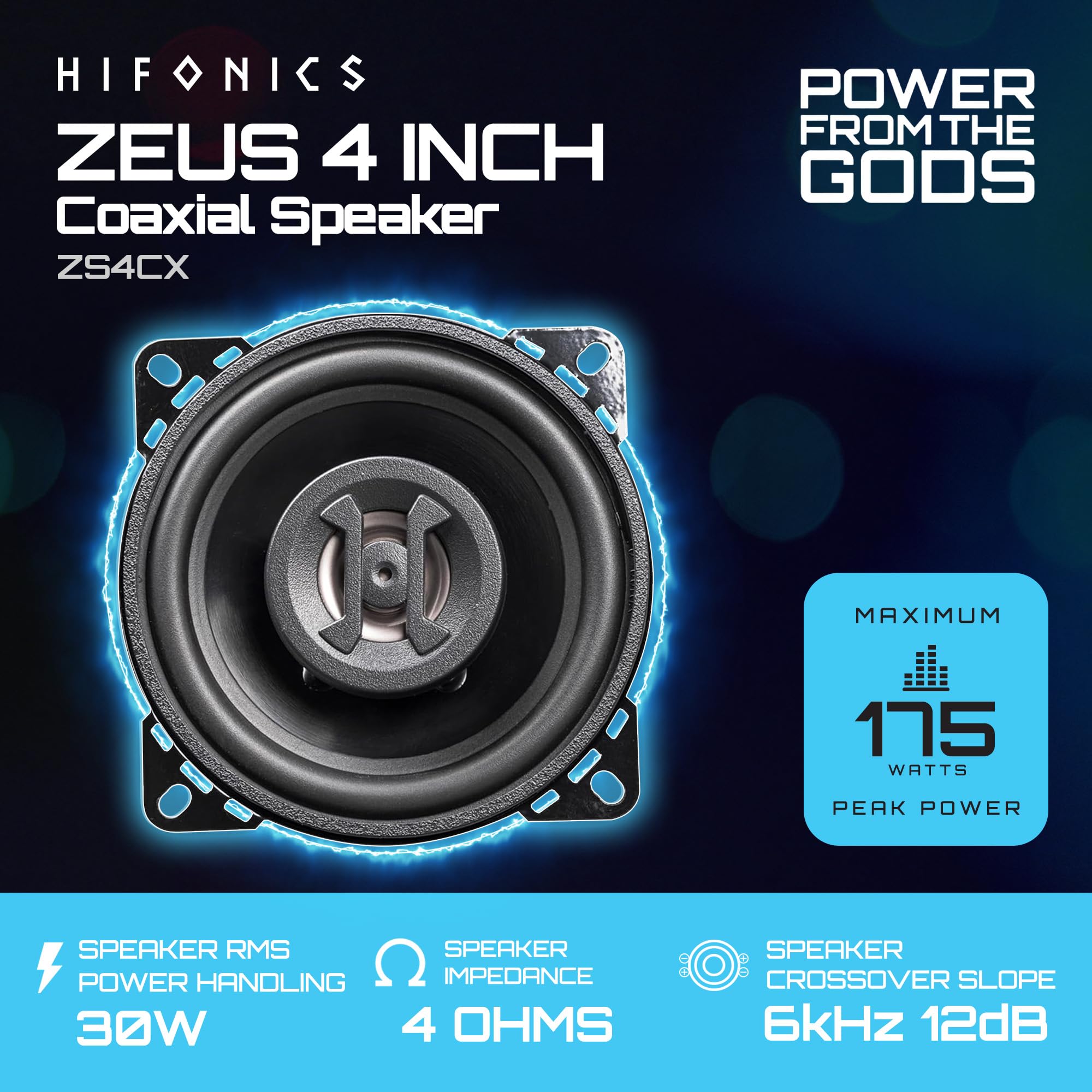 Hifonics ZS4CX Zeus 4 Inch 2 Way 175W Car Audio Coaxial Speakers with Mylar Dome Tweeter and Alpha Cellulose Poly Woofers, Pair