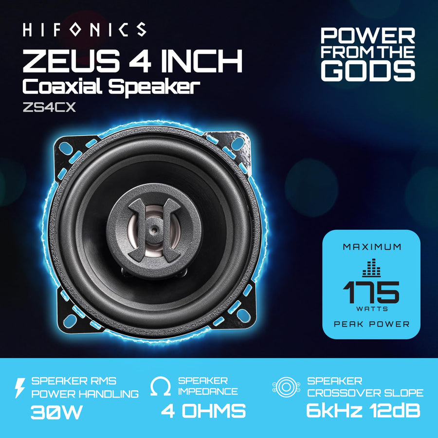 Hifonics ZS4CX Zeus 4 Inch 2 Way 175W Car Audio Coaxial Speakers with Mylar Dome Tweeter and Alpha Cellulose Poly Woofers, Pair