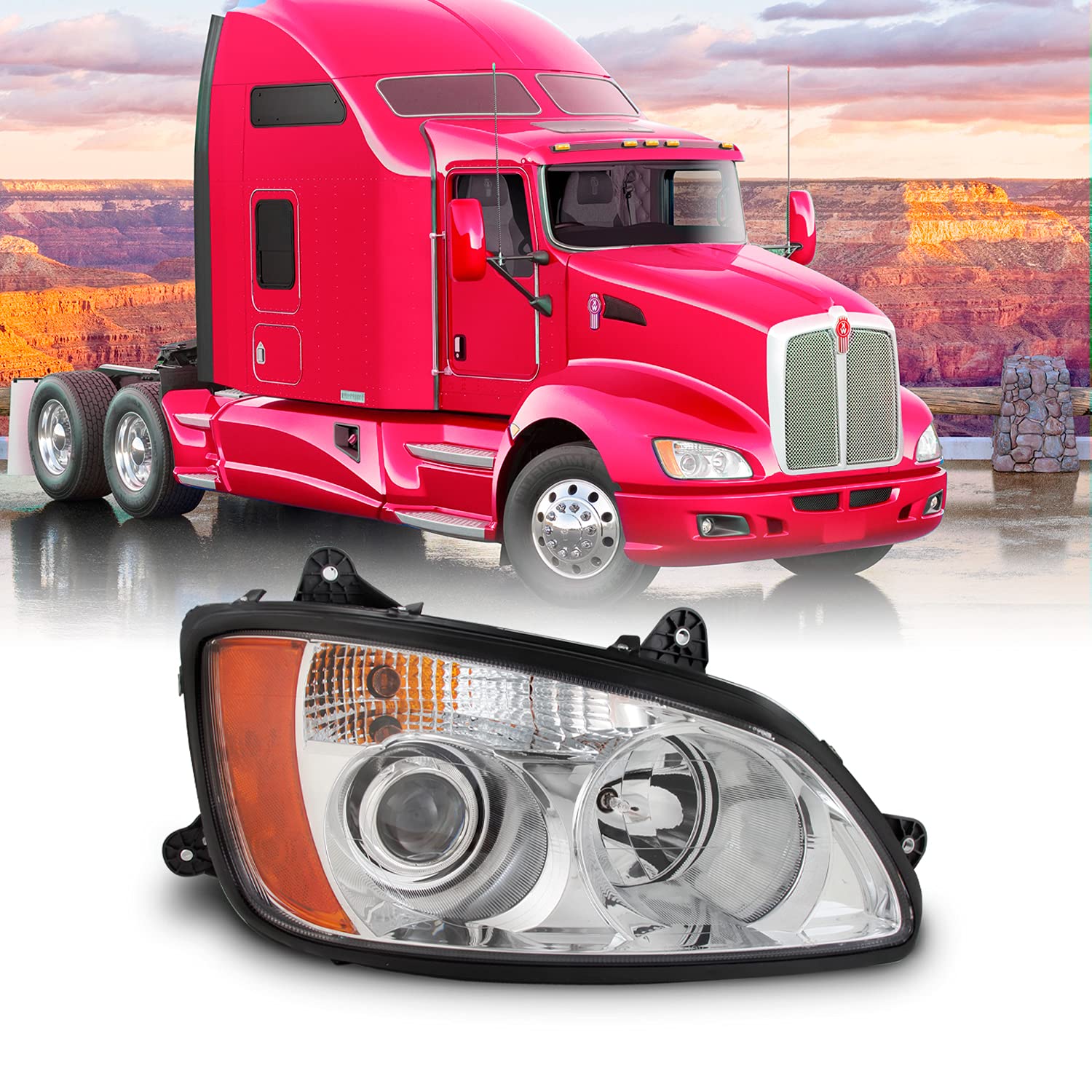 AKKON - Projector Headlights Fits 2008-2017 Kenworth T660 OE Style Chrome Housing Replacement- Passenger Right Side