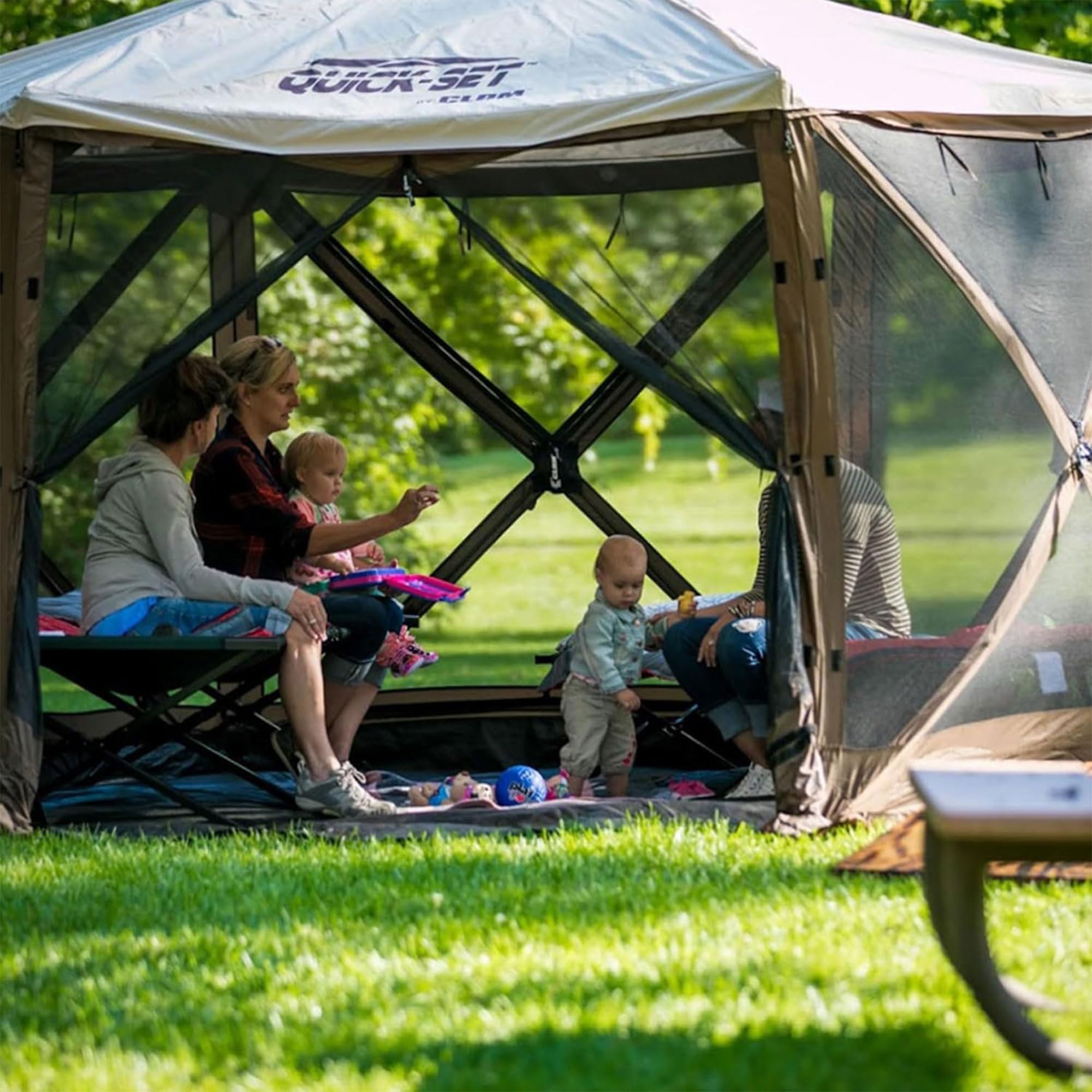 Quick-Set CLAM Escape Sky Camper 11.5’ x 11.5’ Pop-Up Outdoor Gazebo Instant Screen Tent 6-Sided Canopy Shelter w/Ground Stakes & Carry Bag, Brown